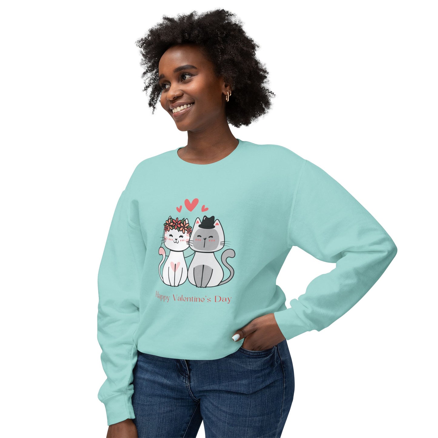 Two Cats, Happy Valentine's Day - Unisex Lightweight Crewneck Sweatshirt - 11387