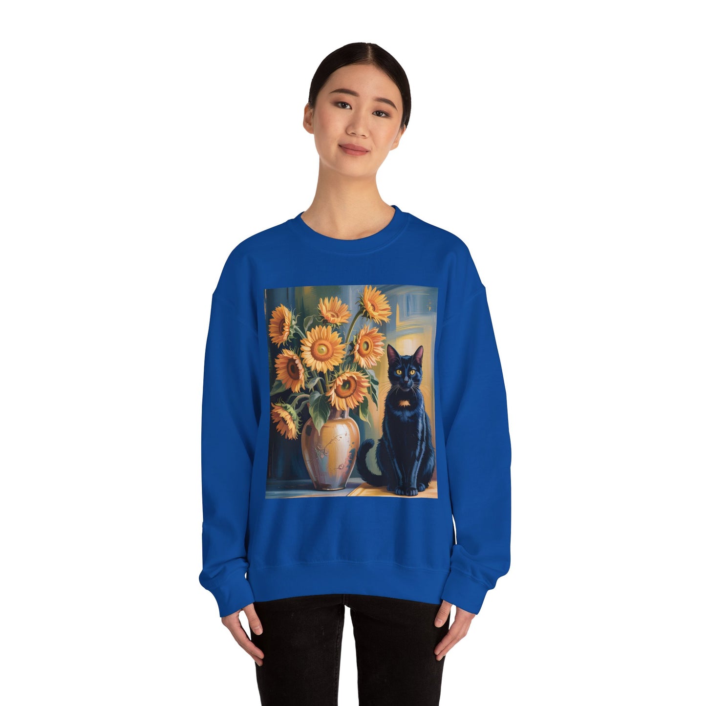 Van Gogh Style Black Cat & Sunflowers Sweatshirt – Art Lover Cozy Crewneck - 14766
