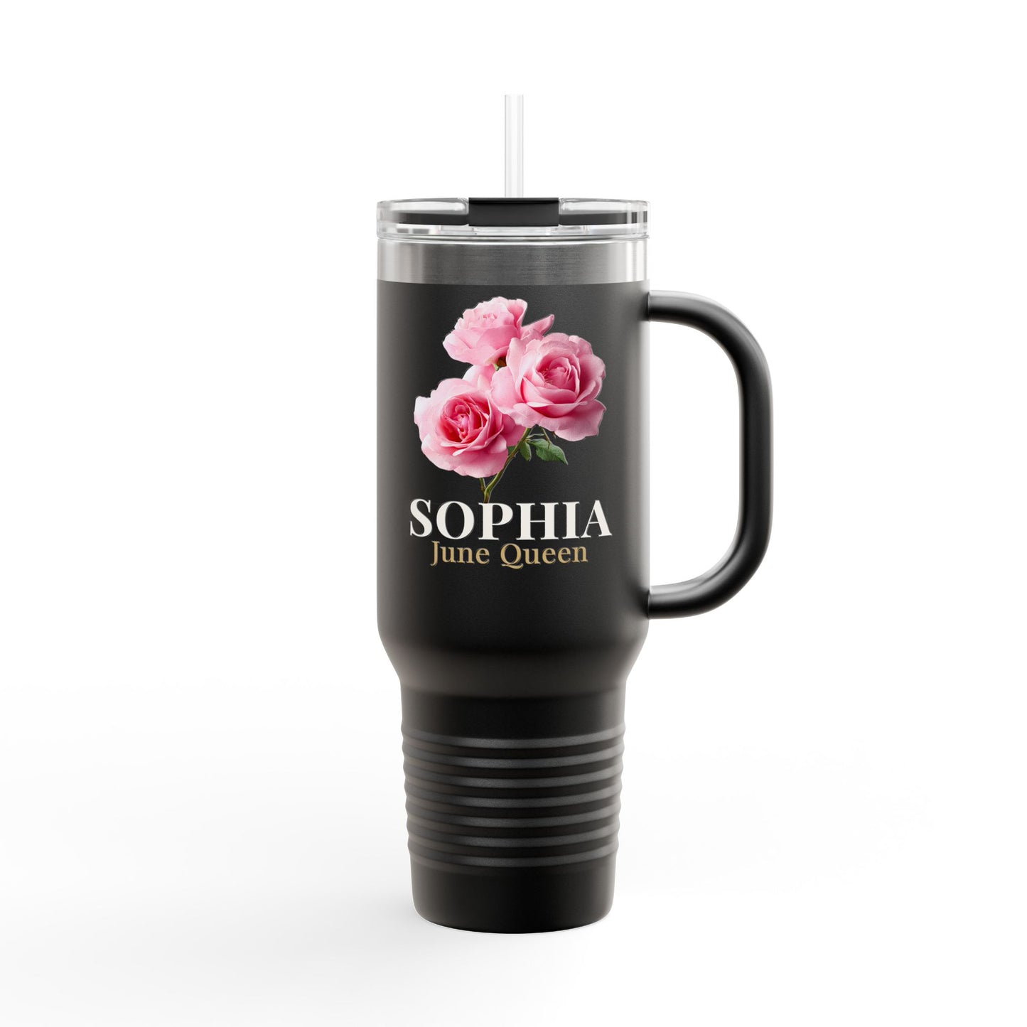 Personalized June Queen 40oz Travel Mug – Custom Name Floral Insulated Tumbler Gift for Her - 14903