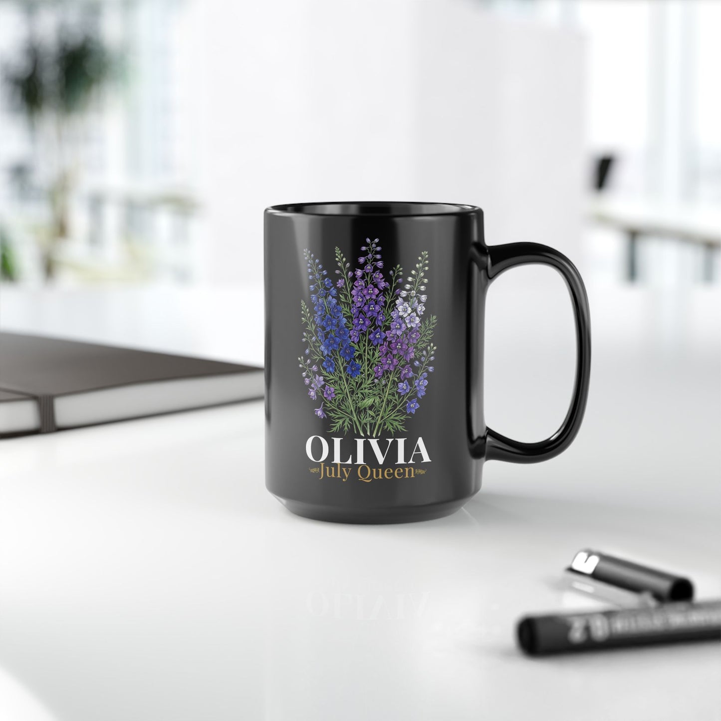 Personalized July Birth Flower Mug – Custom Name Larkspur Floral Coffee Cup, July Queen Gift for Her, Black Mug 11oz 15oz - 14905