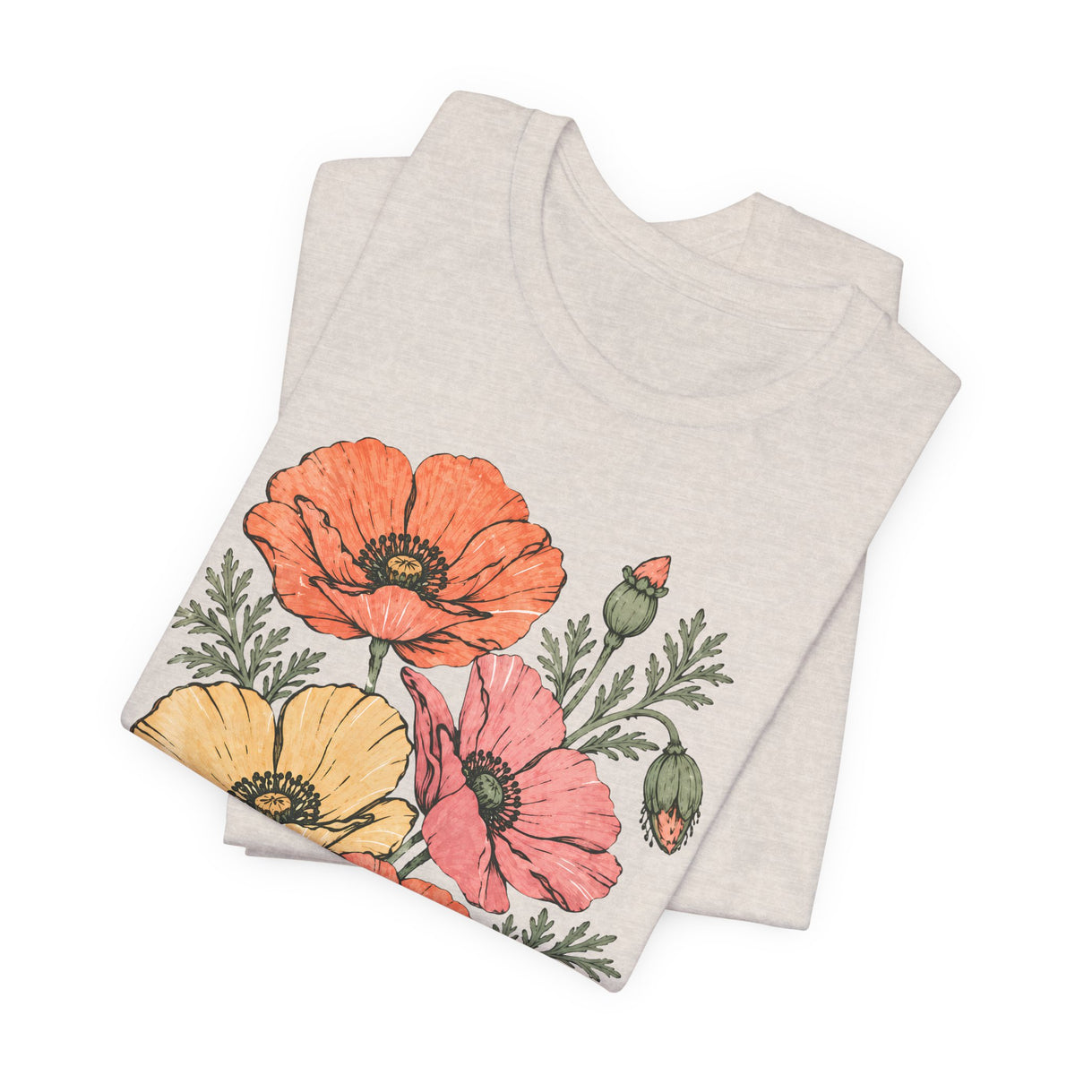 Floral Poppies T-Shirt, Vintage Wildflower Graphic Tee - 14988