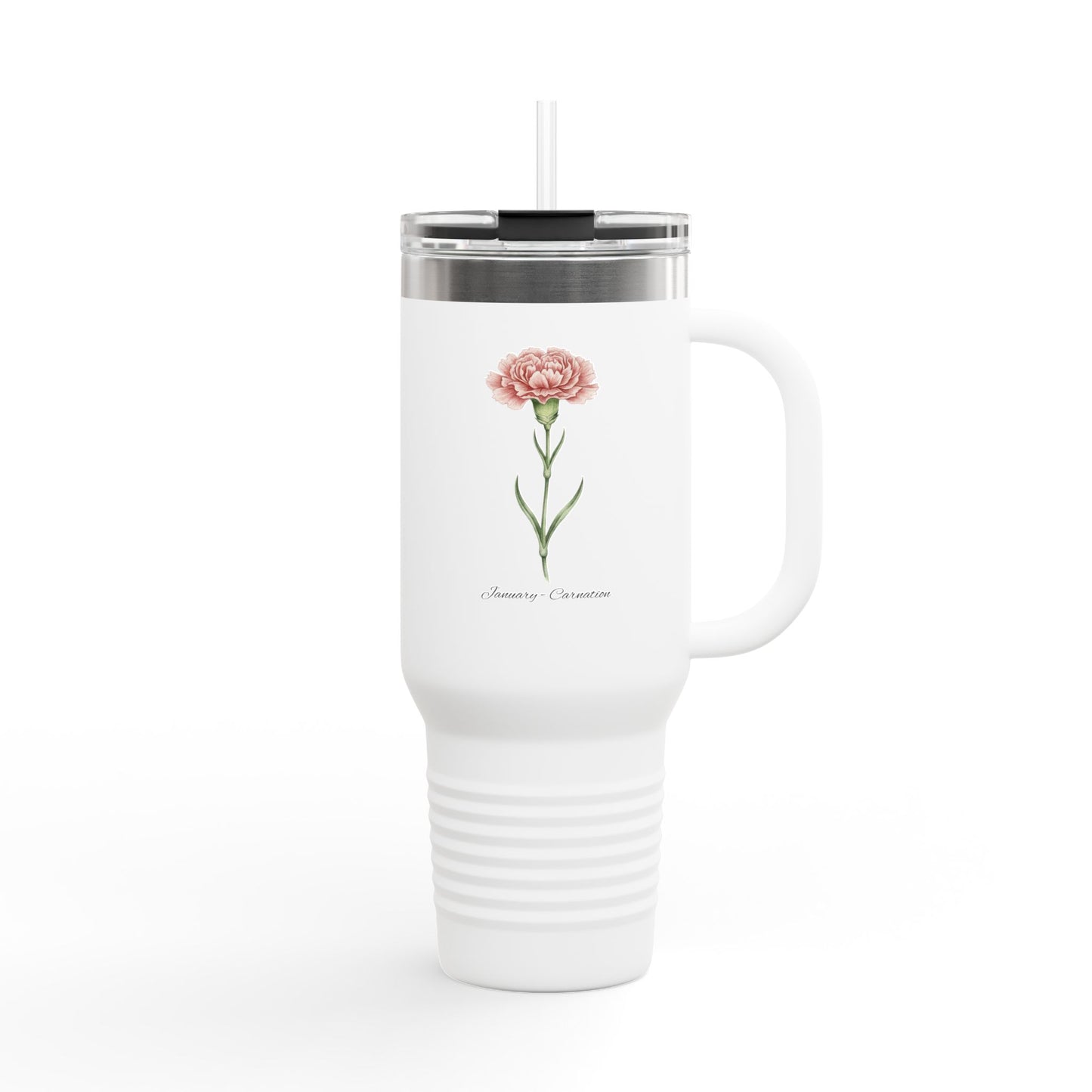 Carnation Floral Tumbler – January Birth Flower Gift | 40oz Insulated Travel Mug, Customizable — 14667
