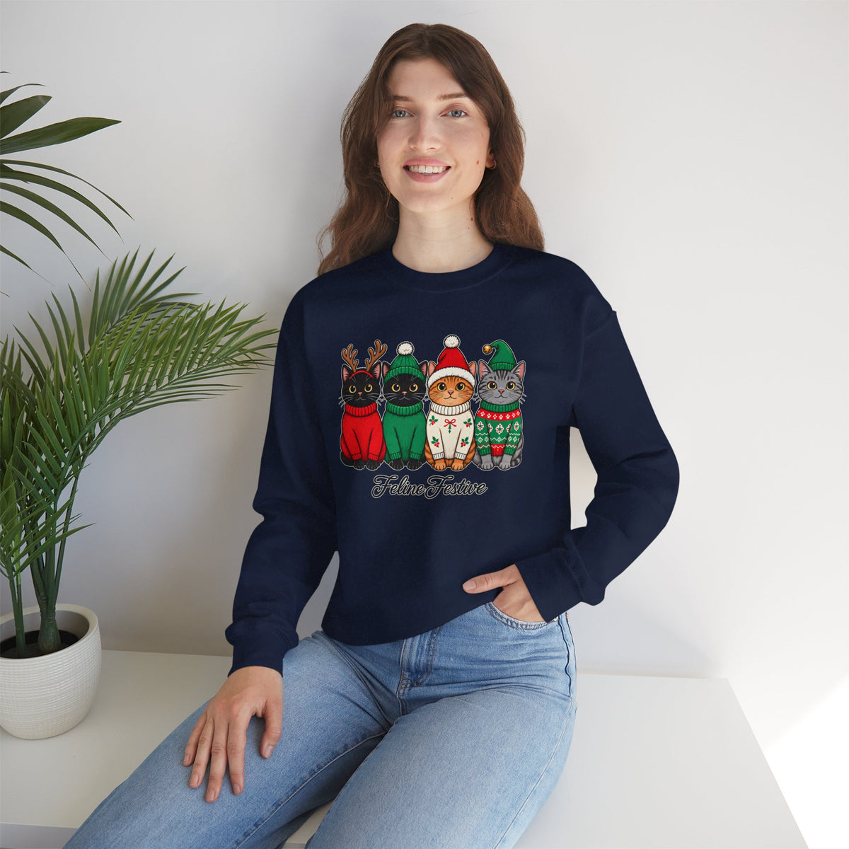 Feline Festive Sweatshirt, Cute Christmas Cats Crewneck - 14564