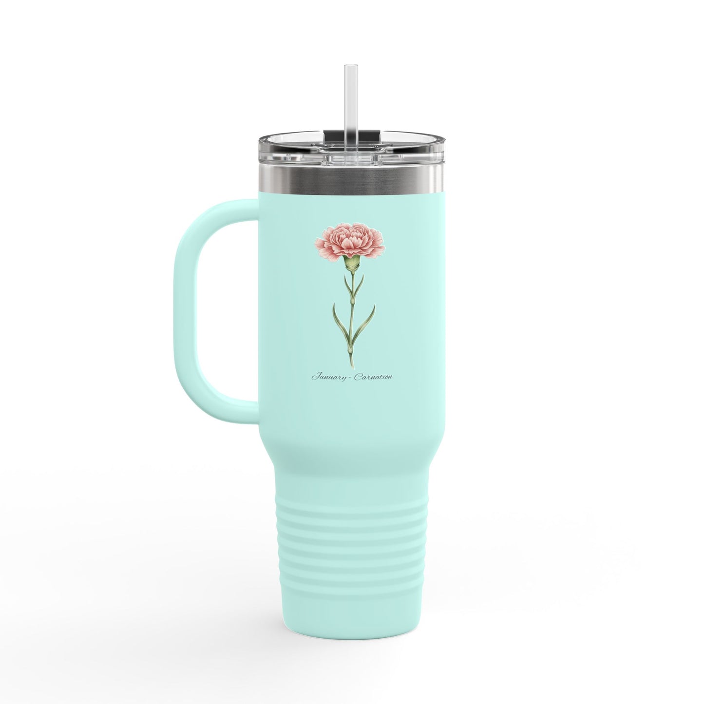 Carnation Floral Tumbler – January Birth Flower Gift | 40oz Insulated Travel Mug, Customizable — 14667