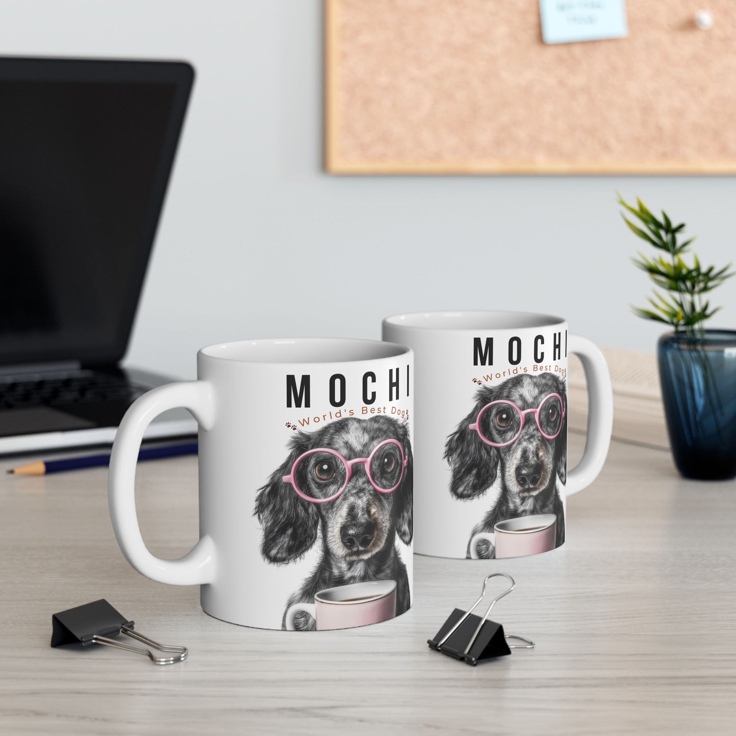 Personalized Dog Name Mug – Cute Black Dog with Pink Glasses Custom Pet Coffee Cup Gift (11oz, 15oz) - 14837