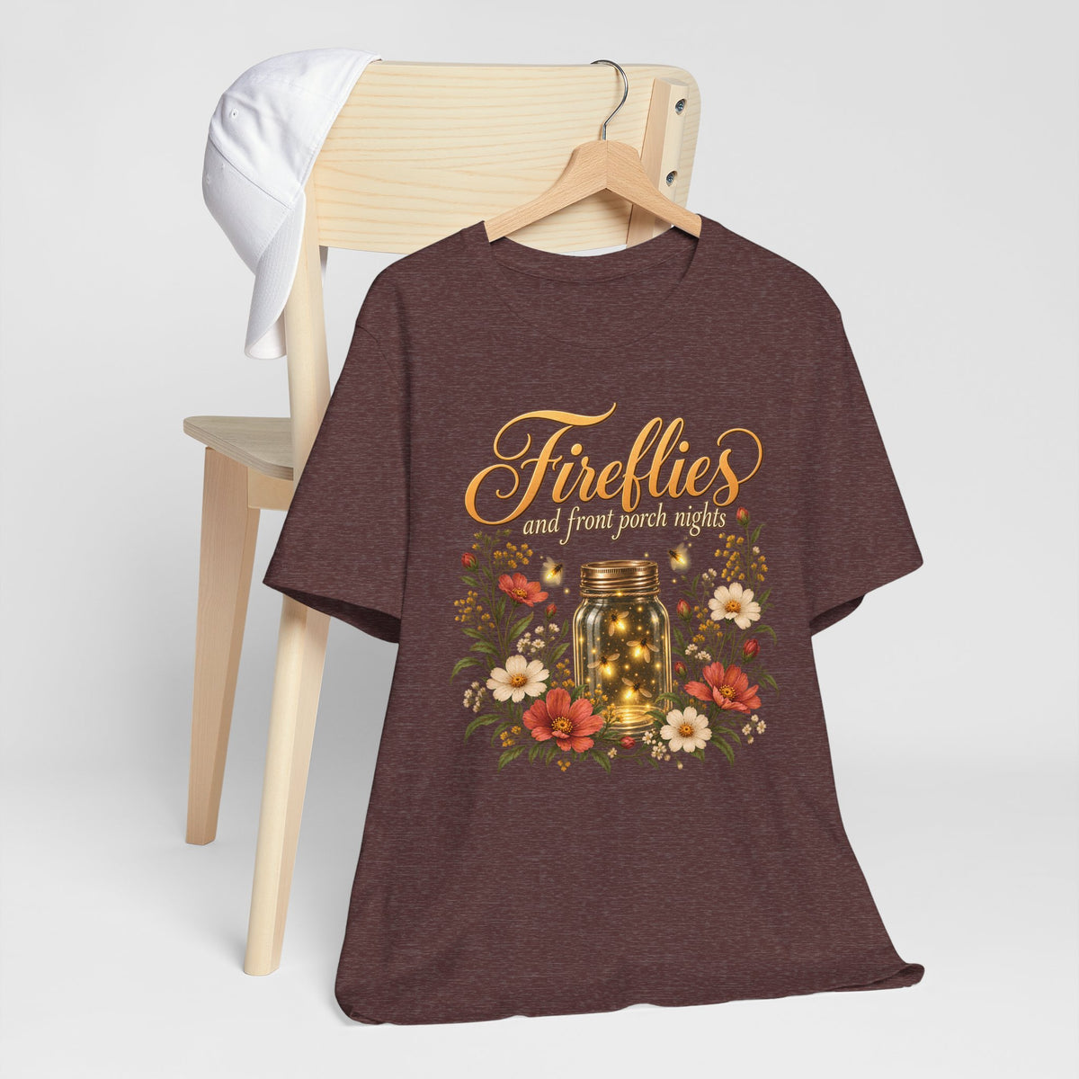Fireflies and Front Porch Nights T-Shirt, Vintage Floral Mason Jar Tee - 14567