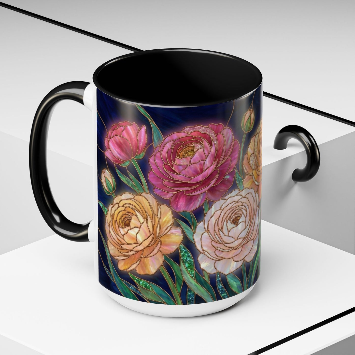 Ranunculus Floral Accent Coffee Mug — Stained Glass Design (11/15oz) - 14584