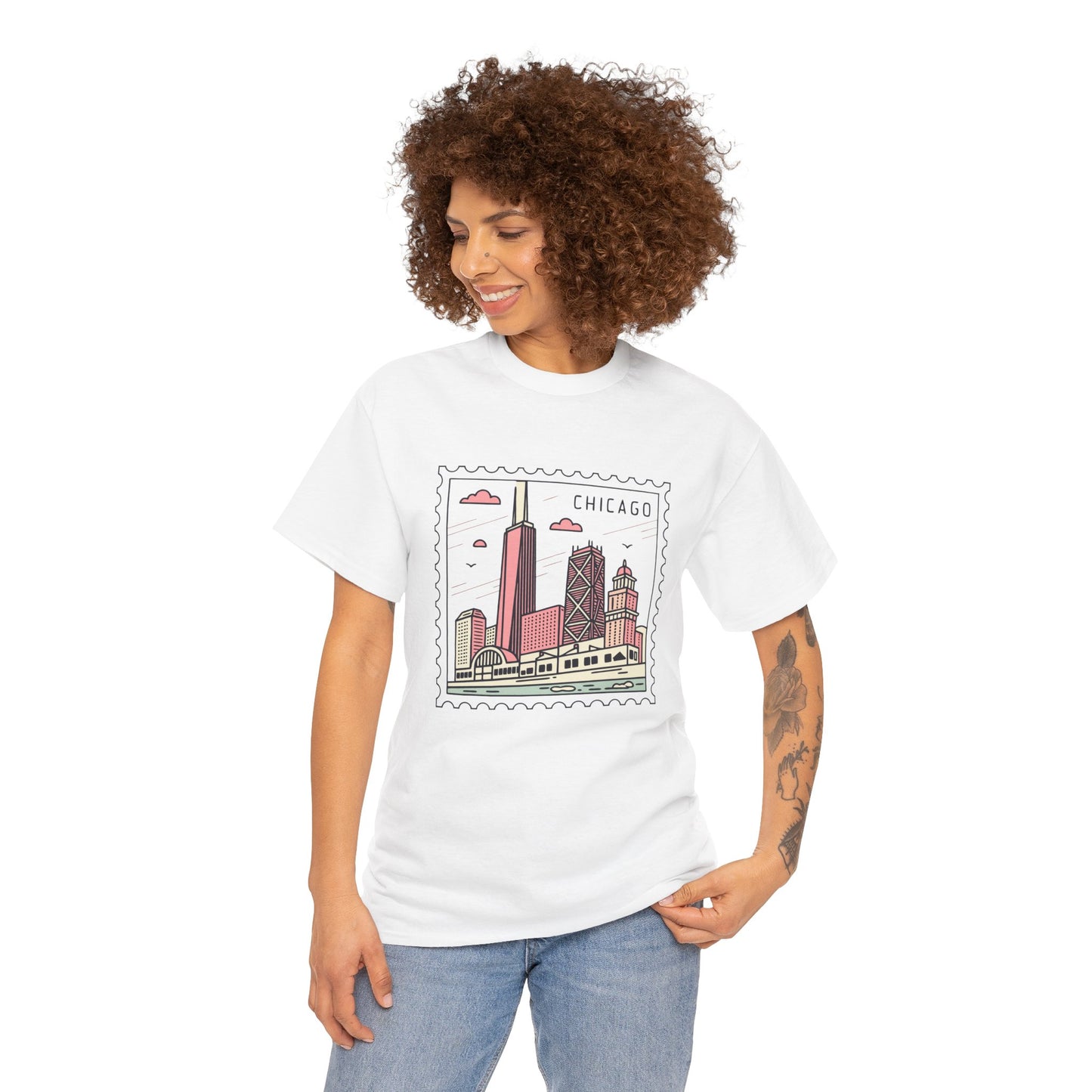 Chicago Skyline Postage Stamp Unisex Heavy Cotton Tee - 12130