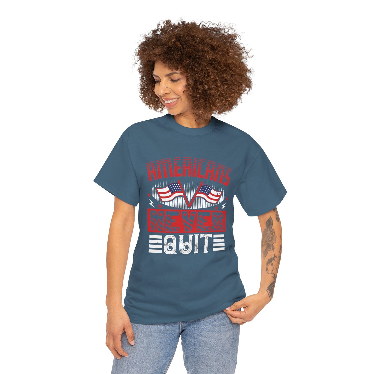 Bold American Pride Tee - 'Americans Never Quit' Graphic Shirt, Patriotic Apparel, Unisex Cotton Tee, Gift for Veterans, Independence - 13814