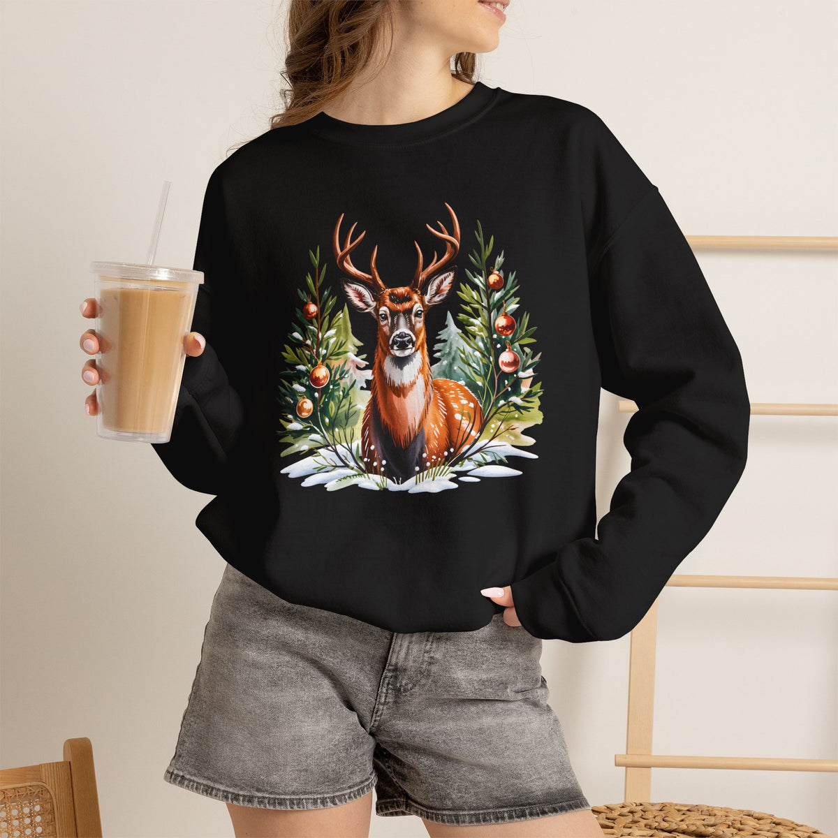 Christmas Deer Sweatshirt, Vintage Woodland Holiday Crewneck - 14562