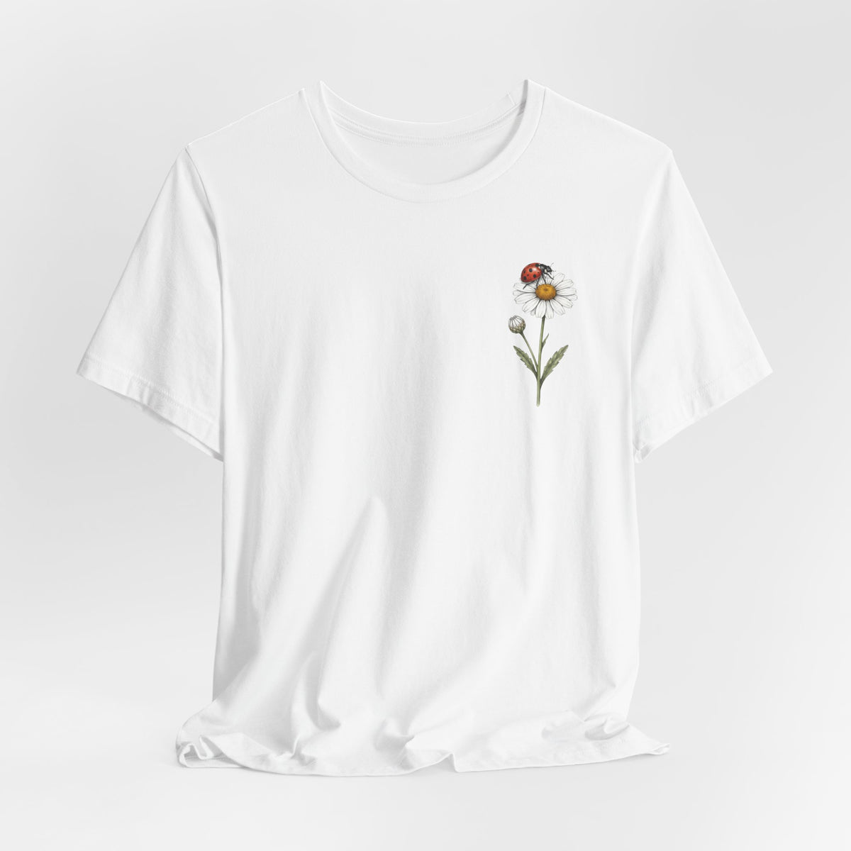 Daisy & Ladybug Floral T-Shirt, Minimal Wildflower Pocket Graphic Tee - 14963