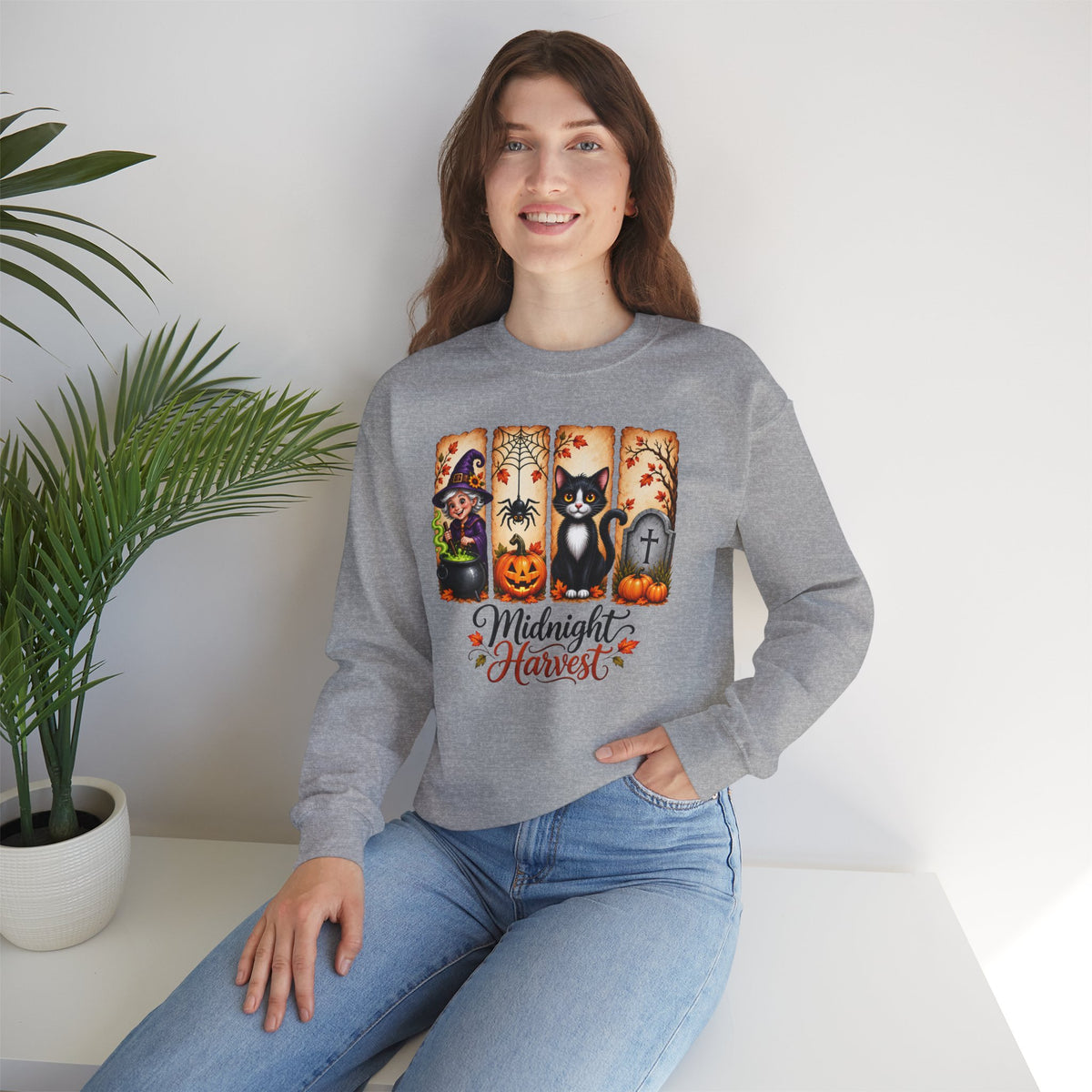 Midnight Harvest Halloween Sweatshirt, Witch, Black Cat, Pumpkins & Spooky Fall Crewneck - 14514