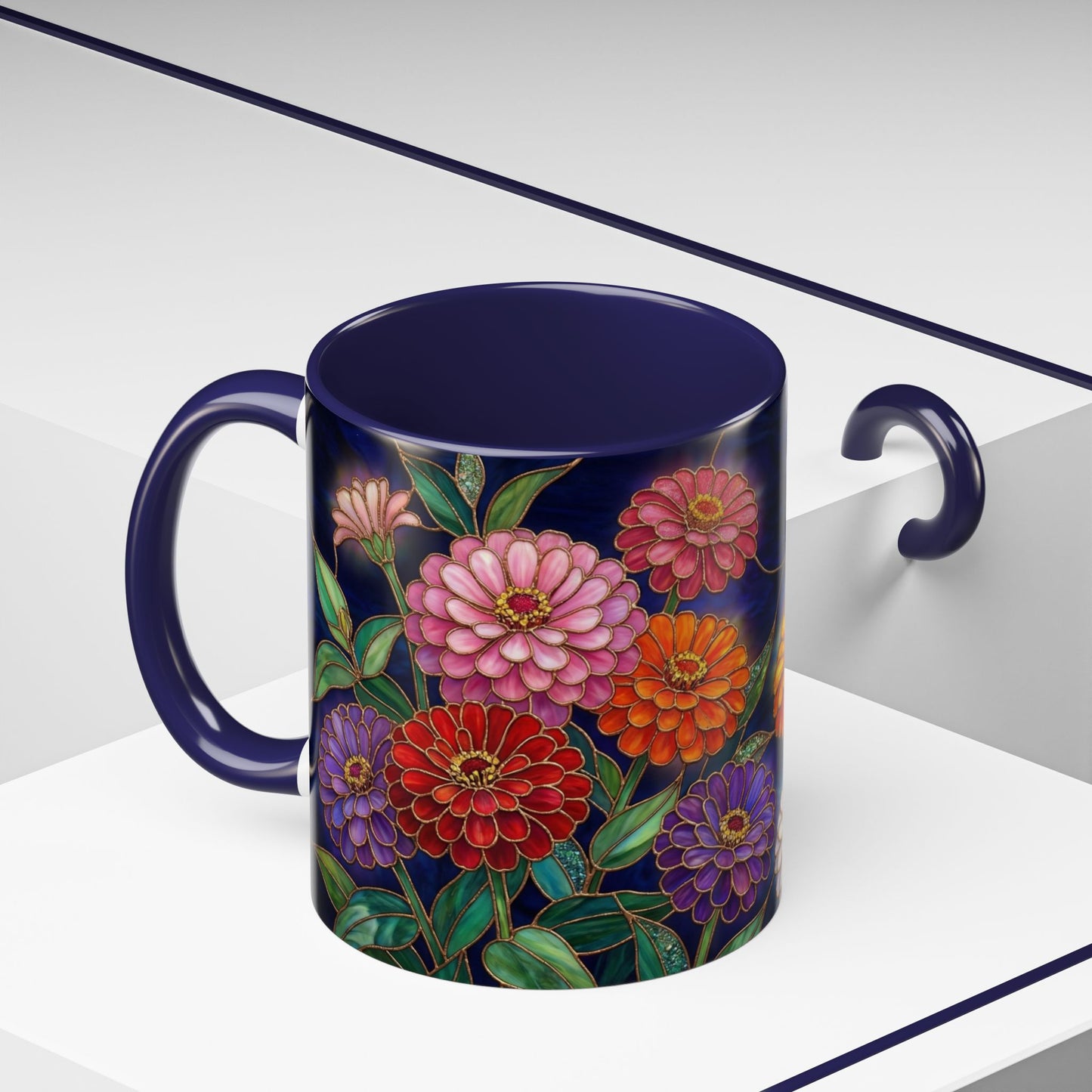 Zinnias Floral Accent Coffee Mug — Stained Glass Design 11/15oz - 14591
