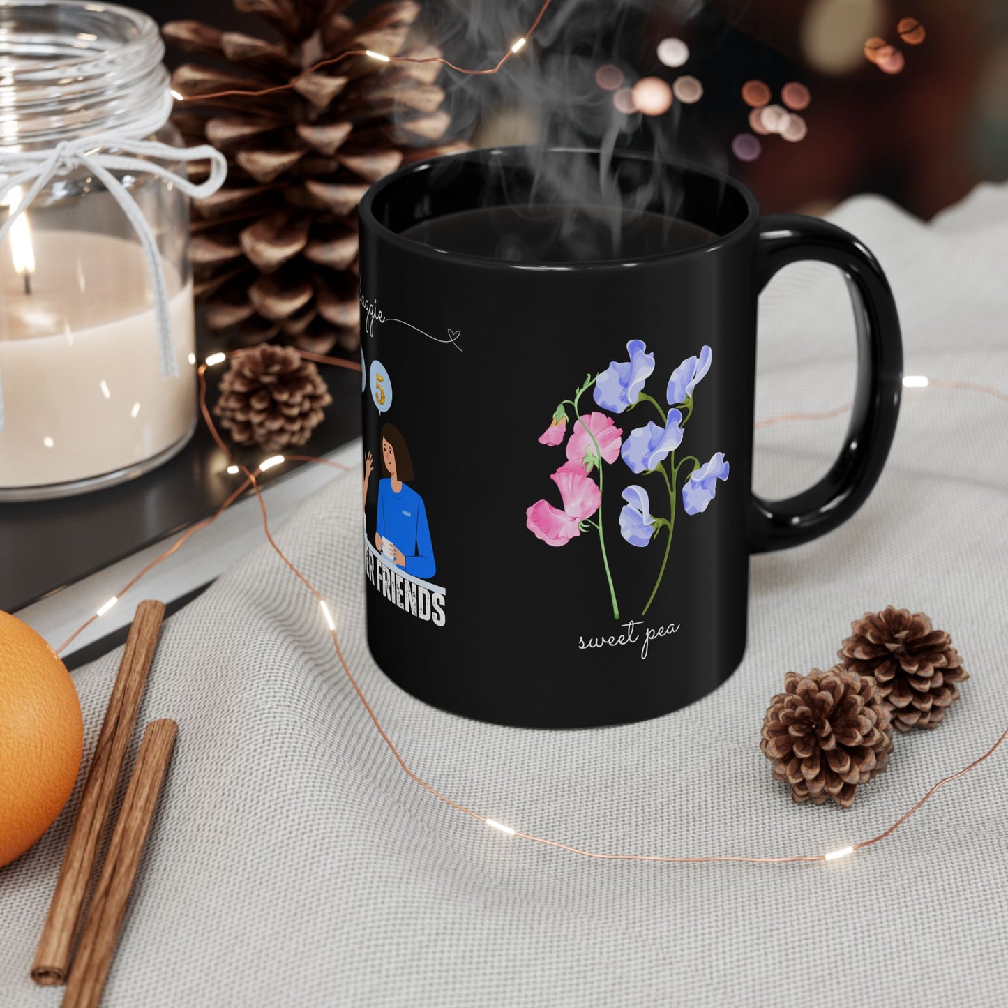 Happy Birthday, April, Featuring Daisy and Sweet Pea - Customizable - Ceramic Black Mug (11oz, 15oz) - 10480