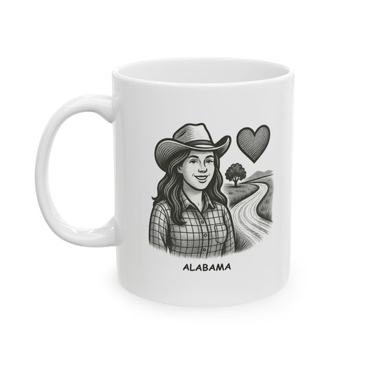 "Born and raised in Alabama, where the roads are red and the hearts are gold." Ceramic Mug | 12792