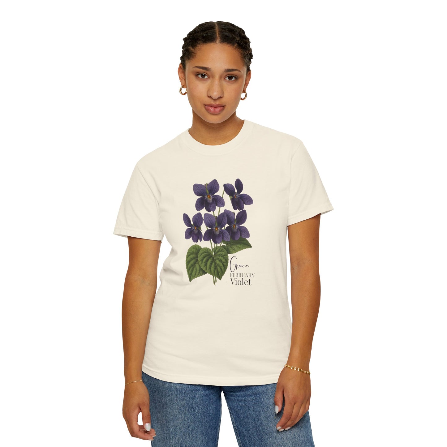 February Birth Flower Violet T-Shirt – Heavyweight Garment-Dyed Tee - 14694