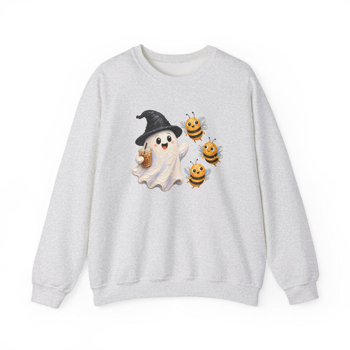 Cute Halloween Ghost & Bees Sweatshirt, Whimsical Witch Hat Crewneck - 14538