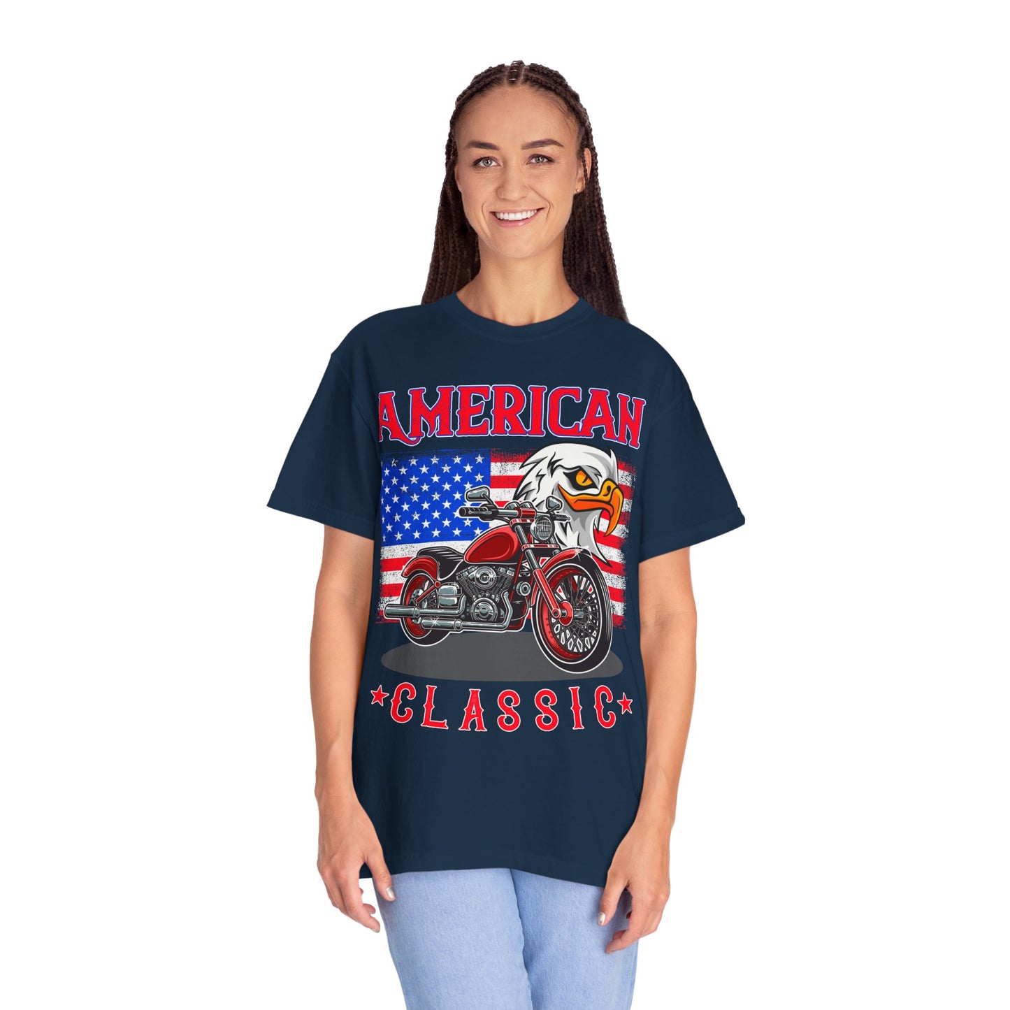 American Classic Tee, Unisex Garment-Dyed T-shirt, Biker Gift, Patriotic Apparel, Rider and Eagle Fashion, Vintage Style - 13658