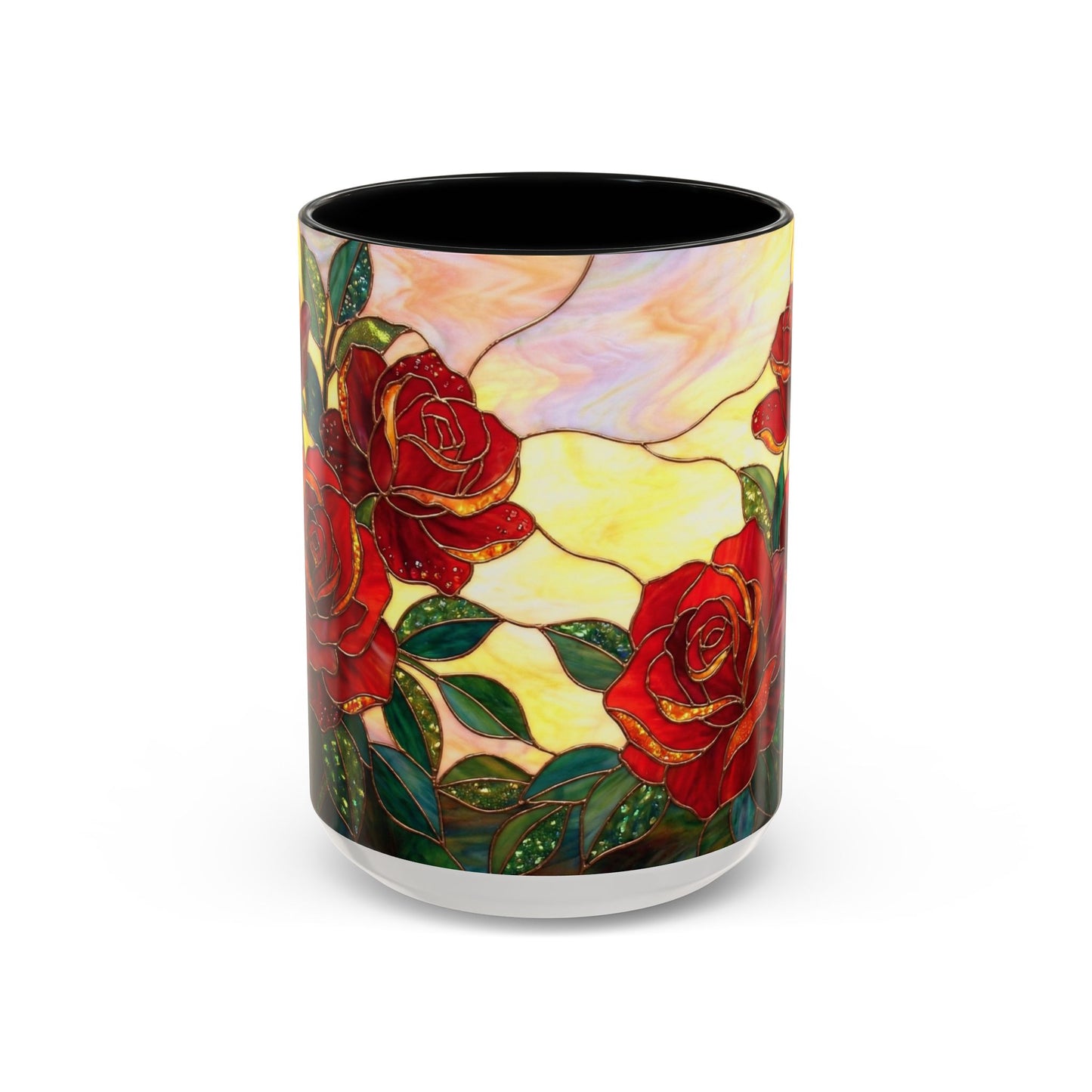 Rose Stained Glass Accent Coffee Mug – Red Roses Floral 11/15oz - 14539