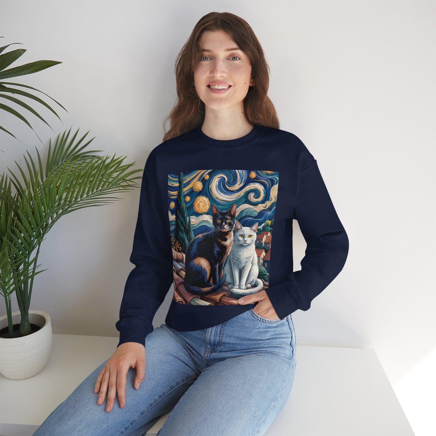 Van Gogh Style Cat Art Sweatshirt - Cozy Unisex Crewneck, Valentines Day Gift for Cat Lovers - 14764