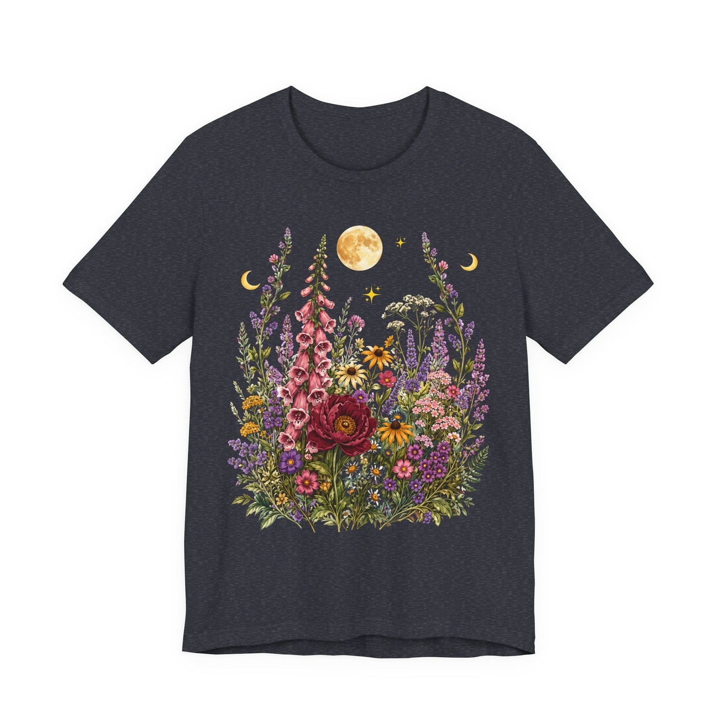 Floral Moon Garden T-Shirt, Vintage Wildflower & Celestial Graphic Tee - 14961