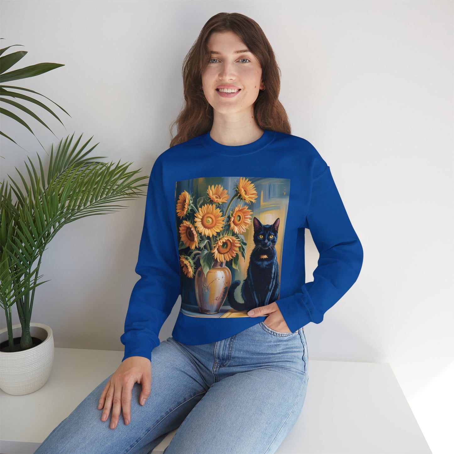 Van Gogh Style Black Cat & Sunflowers Sweatshirt – Art Lover Cozy Crewneck - 14766