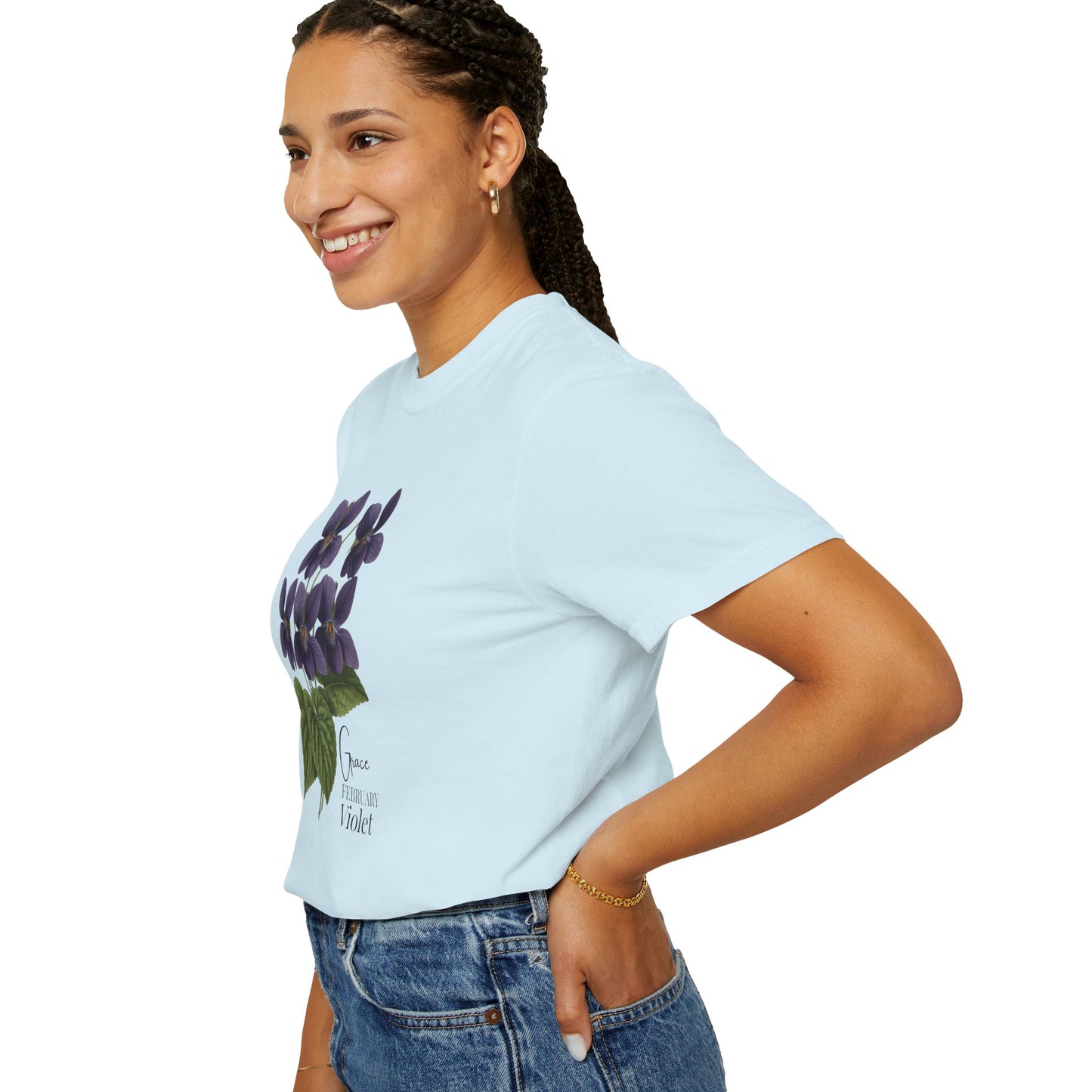 February Birth Flower Violet T-Shirt – Heavyweight Garment-Dyed Tee - 14694
