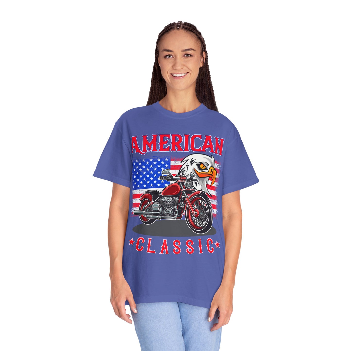 American Classic Tee, Unisex Garment-Dyed T-shirt, Biker Gift, Patriotic Apparel, Rider and Eagle Fashion, Vintage Style - 13658