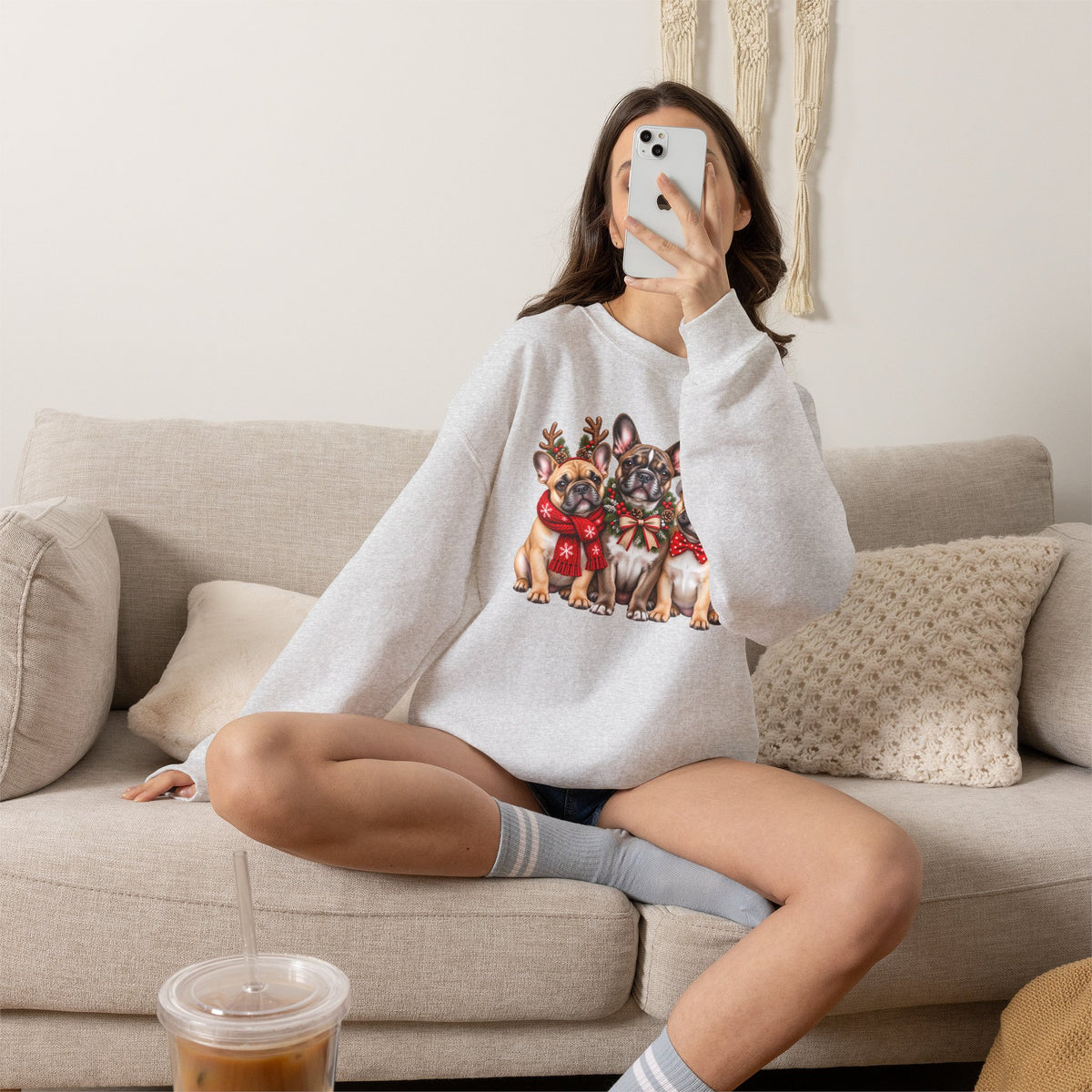 Christmas French Bulldog Sweatshirt, Cute Festive Frenchie Crewneck - 14556