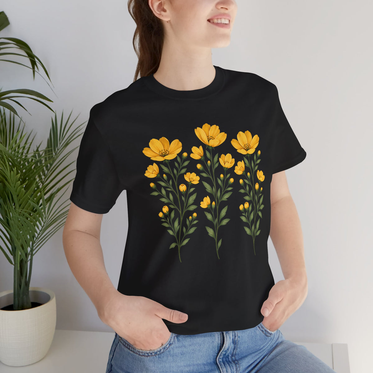 Golden Yellow Wildflower T-Shirt, Vintage Botanical Floral Tee - 14544