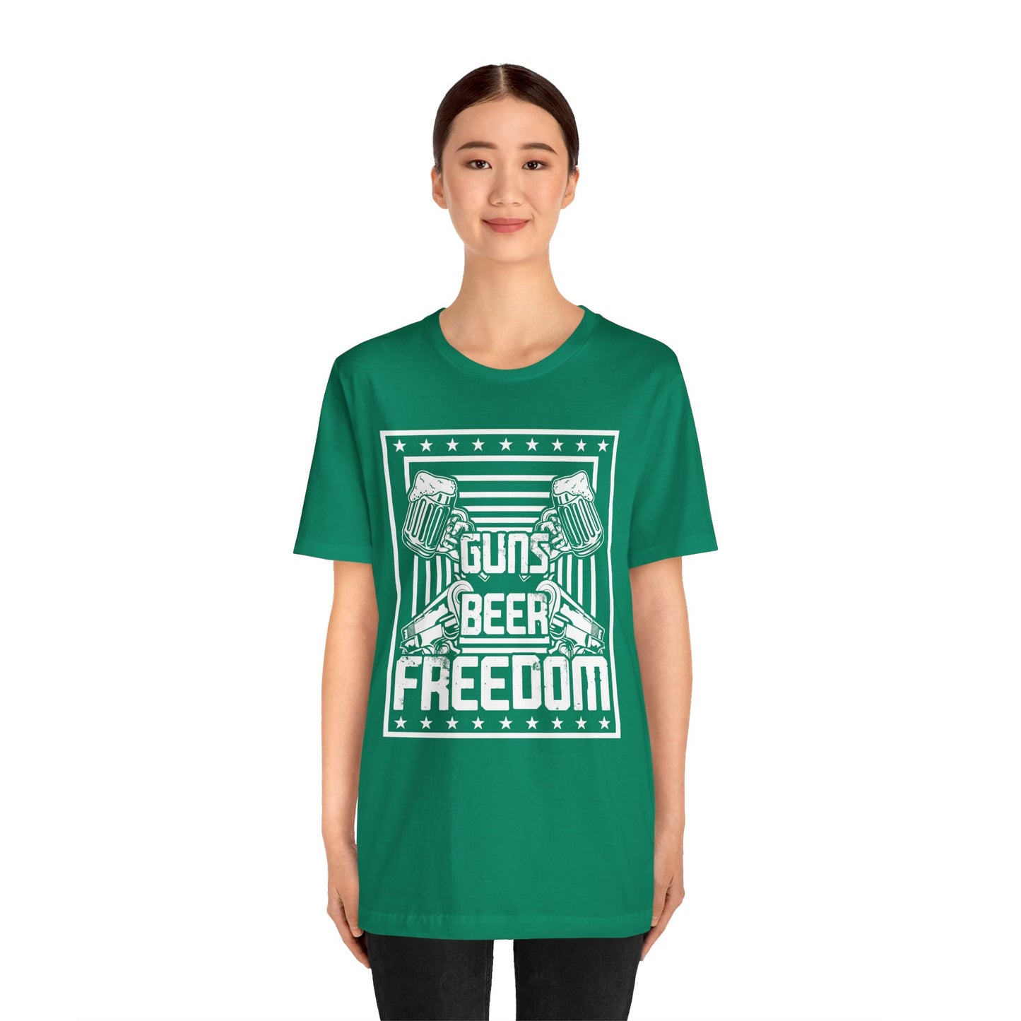 4th of July, Guns Beer Freedom Unisex Tee, Casual Shirt, Patriotic Apparel, Gift for Him, Party Tee, Everyday Wear - 13598