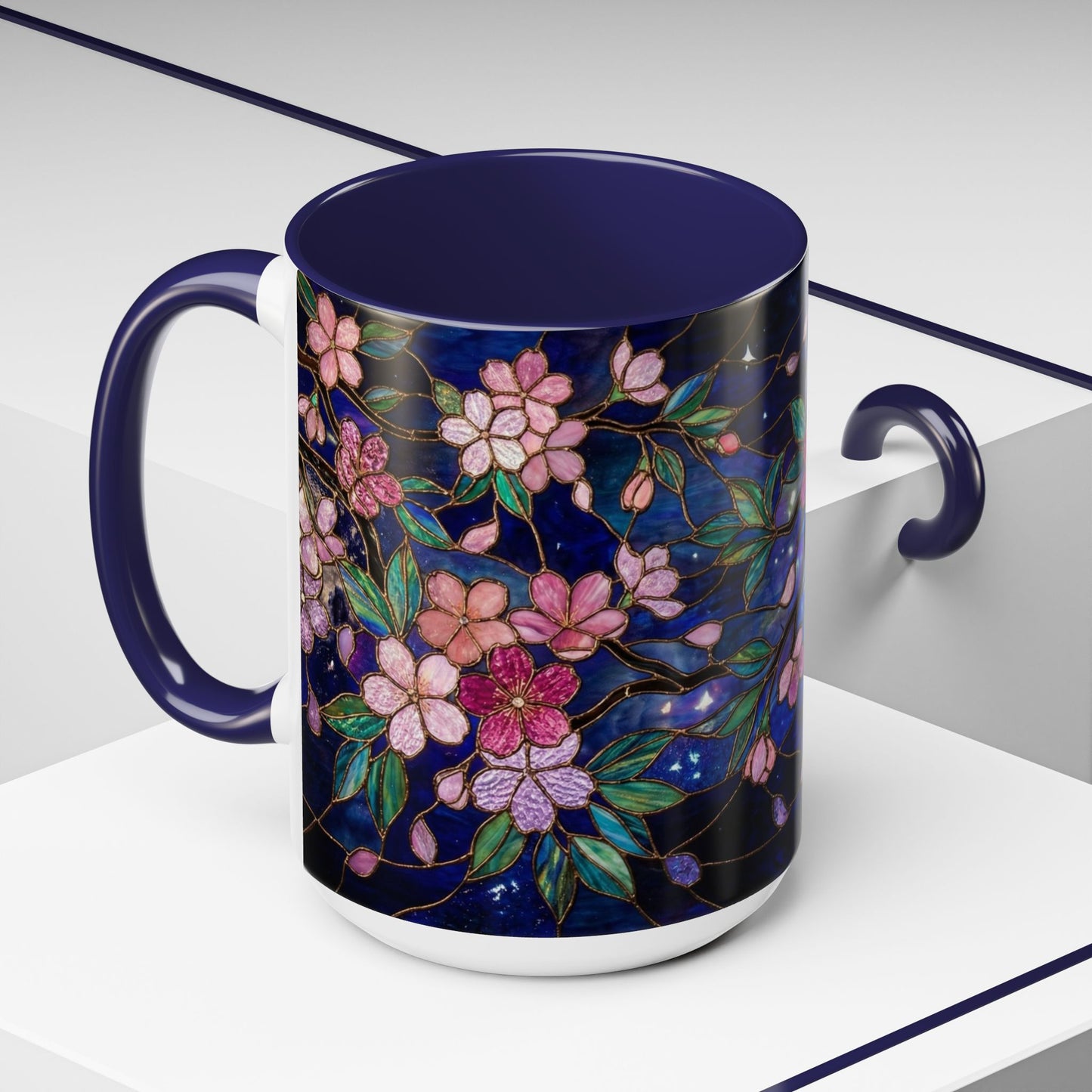 Cherry Blossom Lantern Coffee Mug — Floral Night Sky, Stained Glass Design (11/15 oz) - 14533