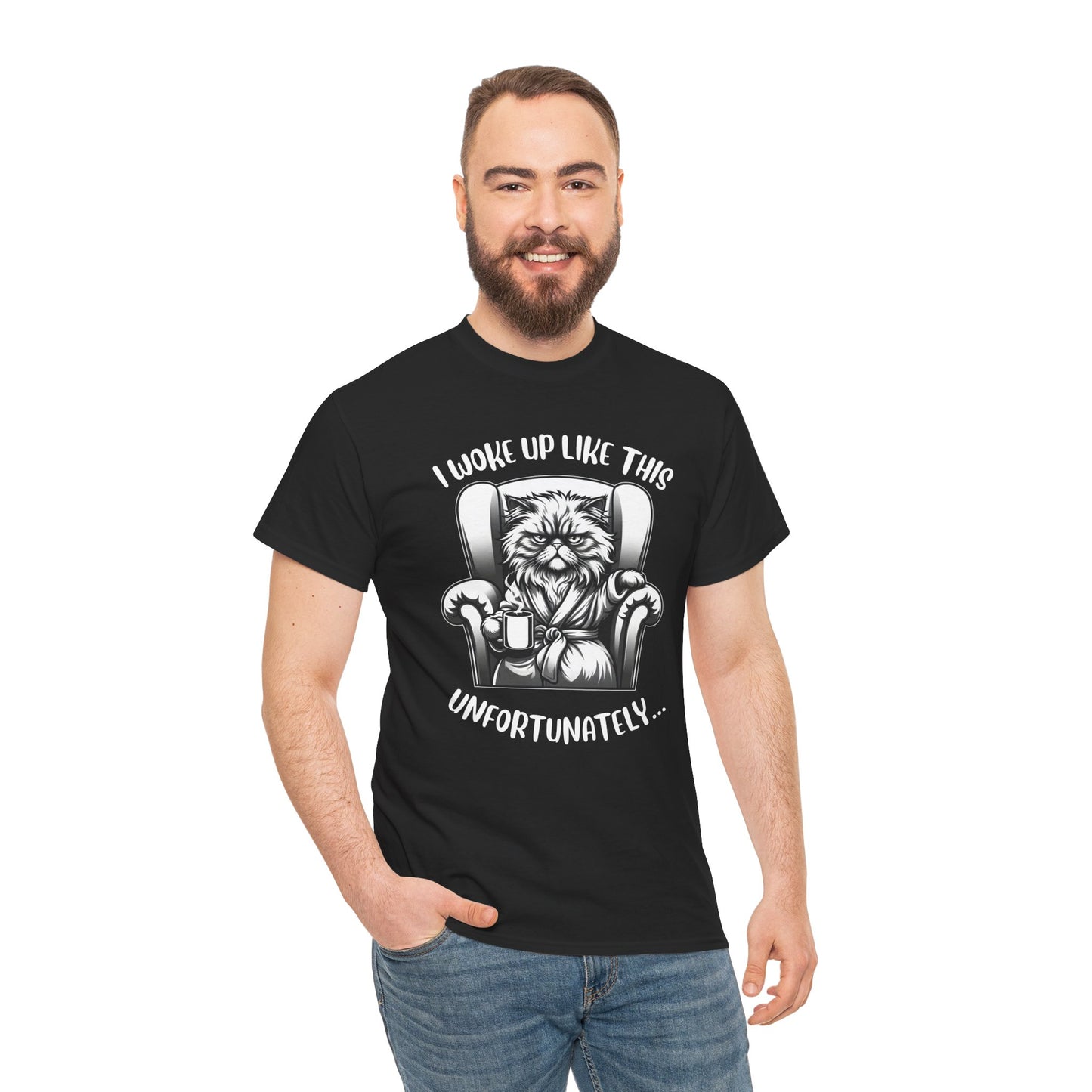Funny Grumpy Cat T-Shirt – “I Woke Up Like This… Unfortunately” Graphic Tee- 14843