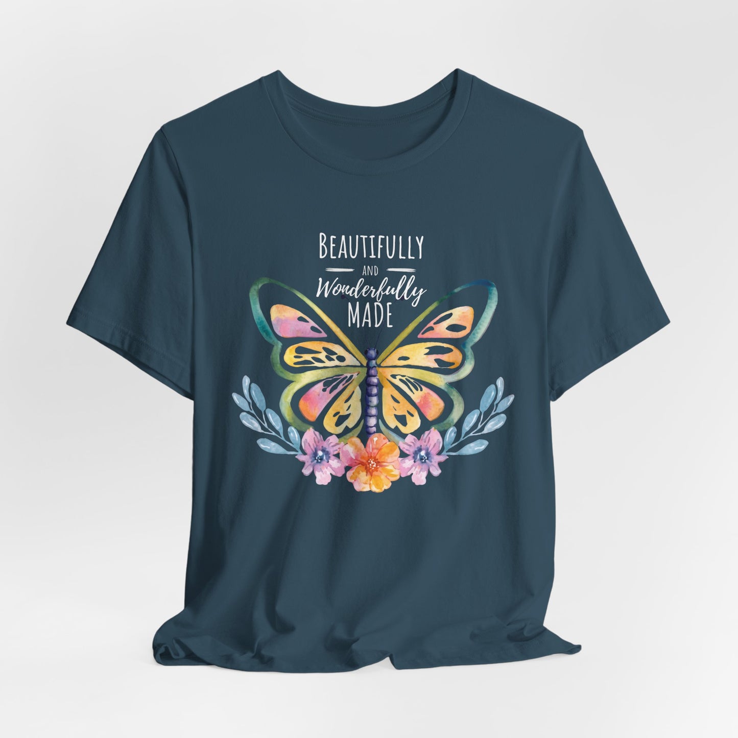 Beautifully & Wonderfully Made Butterfly T-Shirt, Inspirational Floral Graphic Tee - 14954