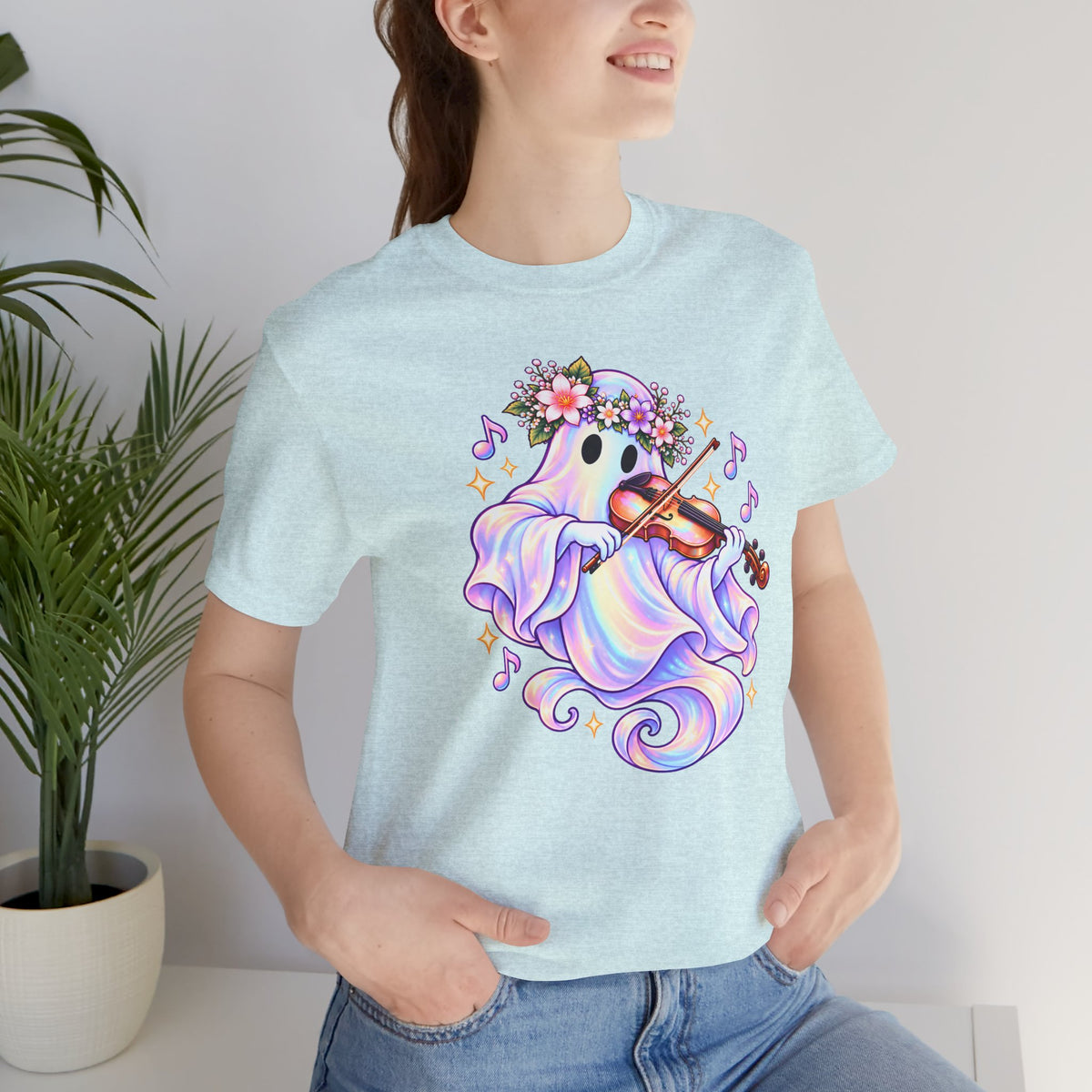 Ghost Violin T-Shirt, Cute Pastel Floral Music Lover Tee - 14528