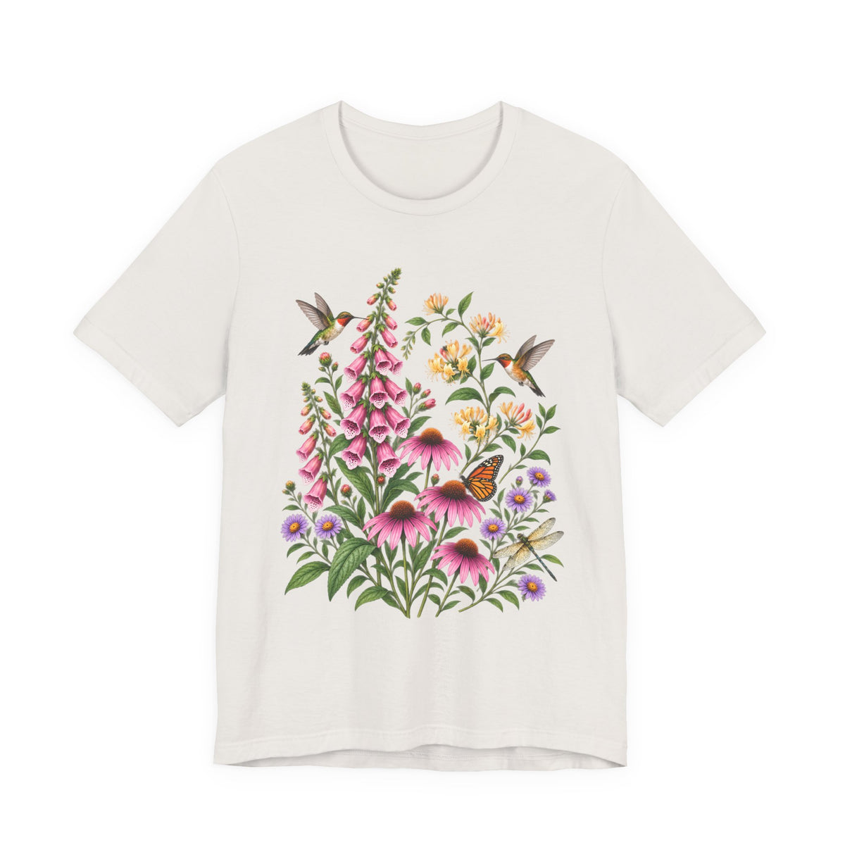 Floral Hummingbird Garden T-Shirt, Wildflower & Butterfly Botanical Tee - 14547