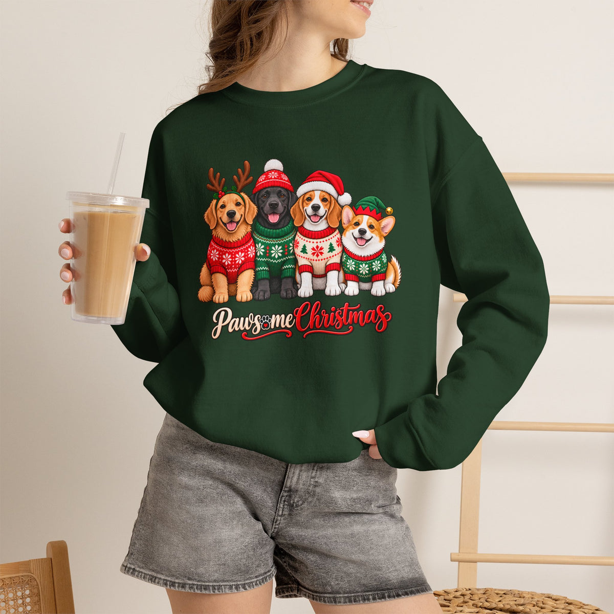 Pawsome Christmas Sweatshirt,  Cute Festive Dogs Crewneck - 14558