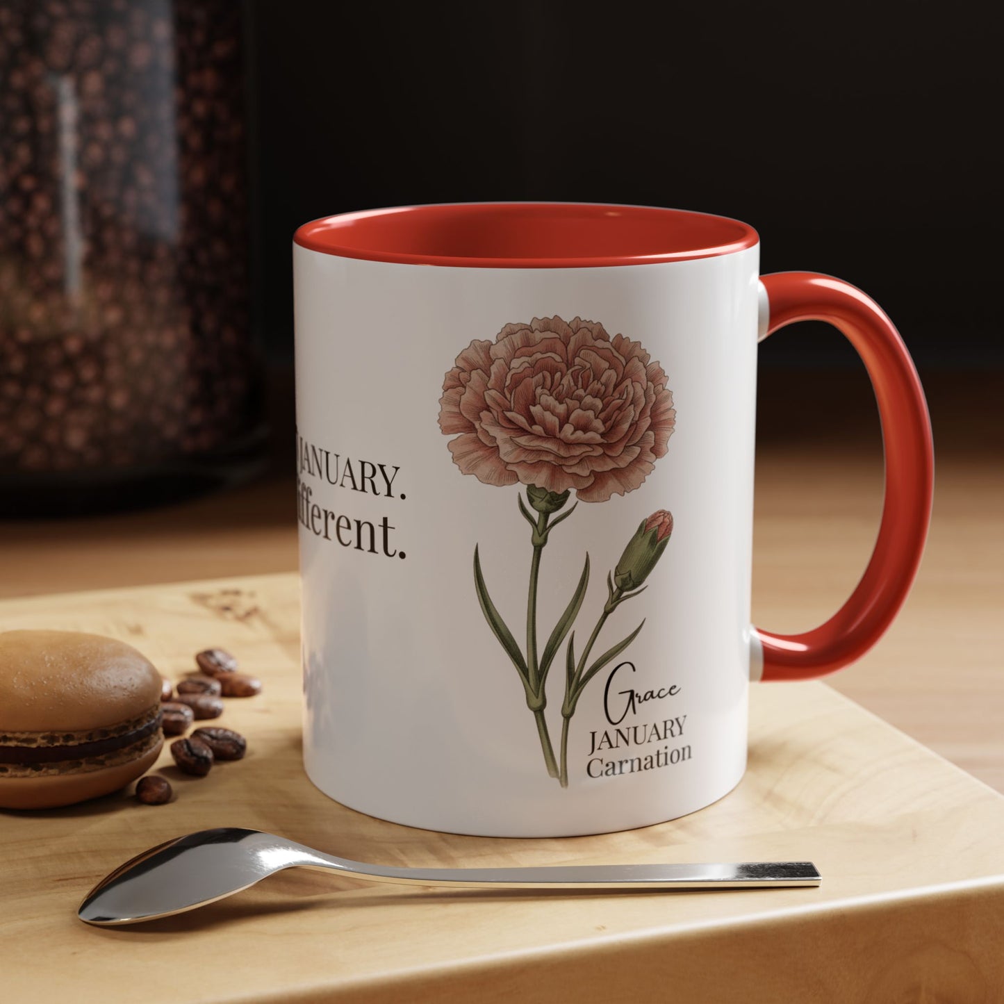 January Carnation Birth Flower Accent Coffee Mug – Customizable (11oz / 15oz) - 14671