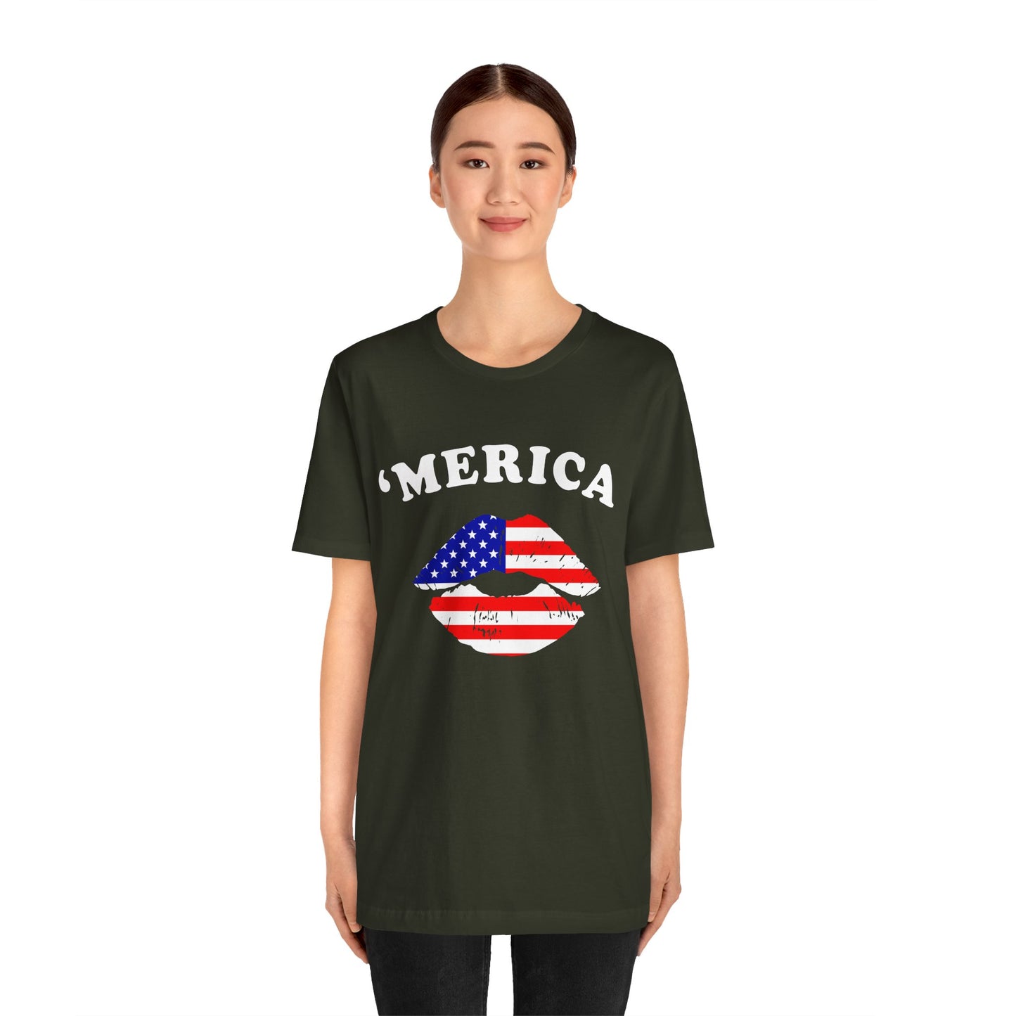 'Merica Unisex Jersey Tee, Patriotic Short Sleeve Shirt, USA Flag Design, Independence Day Apparel, Festival Wear, Summer Casual - 13519