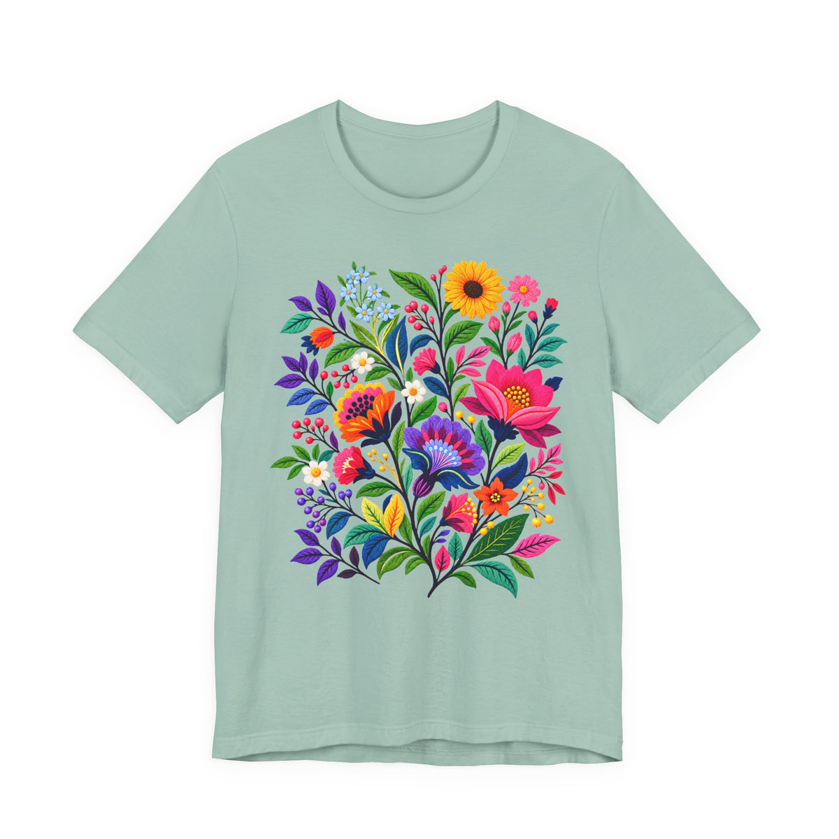 Bright Folk Art Floral T-Shirt, Colorful Flower Bouquet Tee - 14513