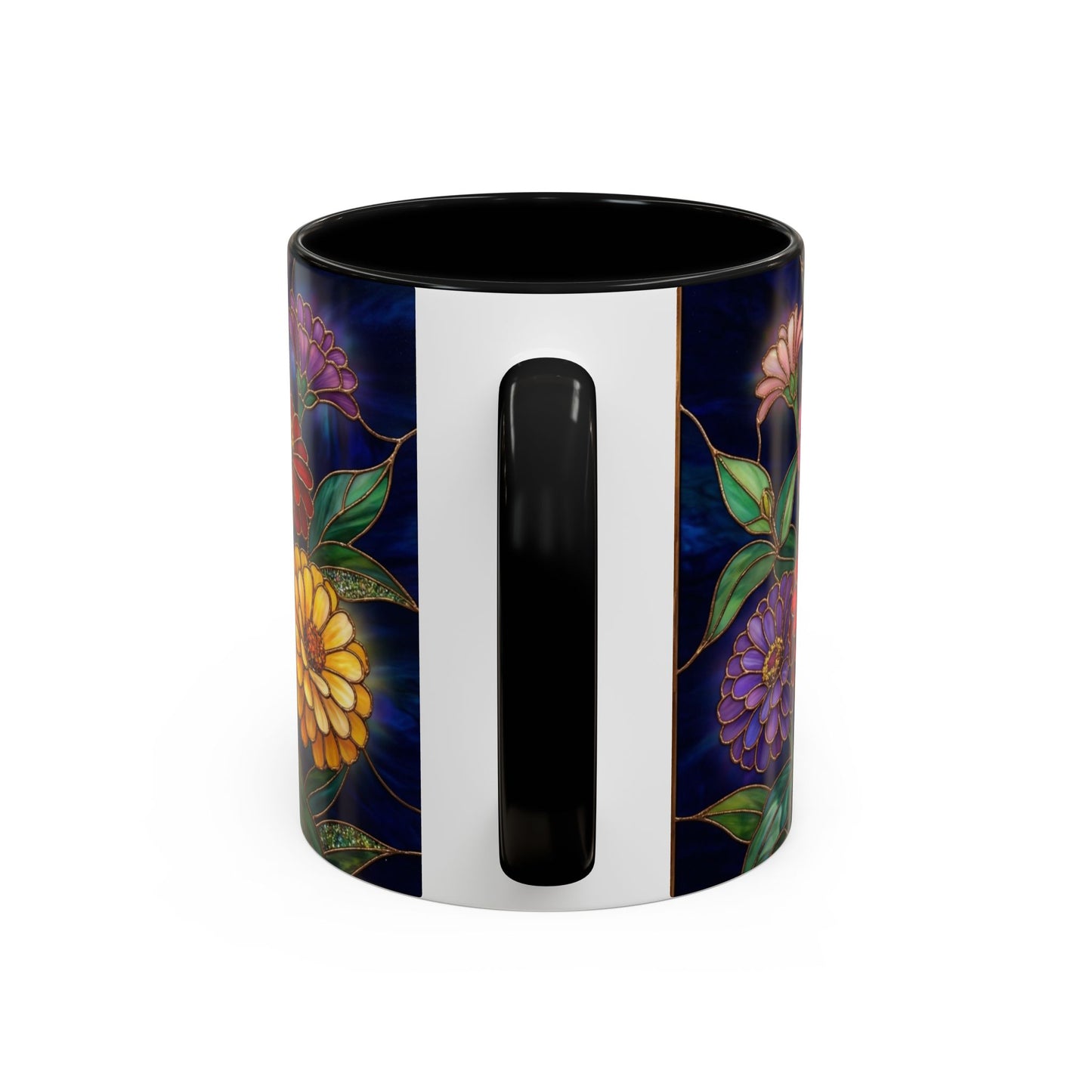 Zinnias Floral Accent Coffee Mug — Stained Glass Design 11/15oz - 14591