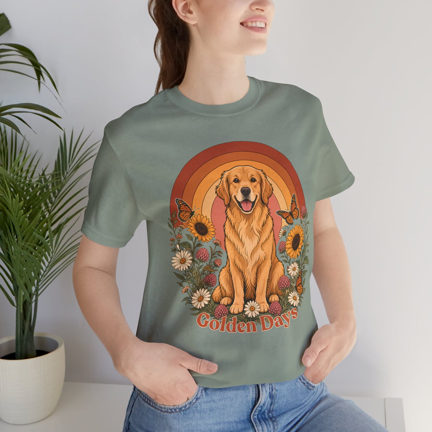 Golden Days Golden Retriever T-Shirt,  Retro Sunset Floral Dog Tee - 14969