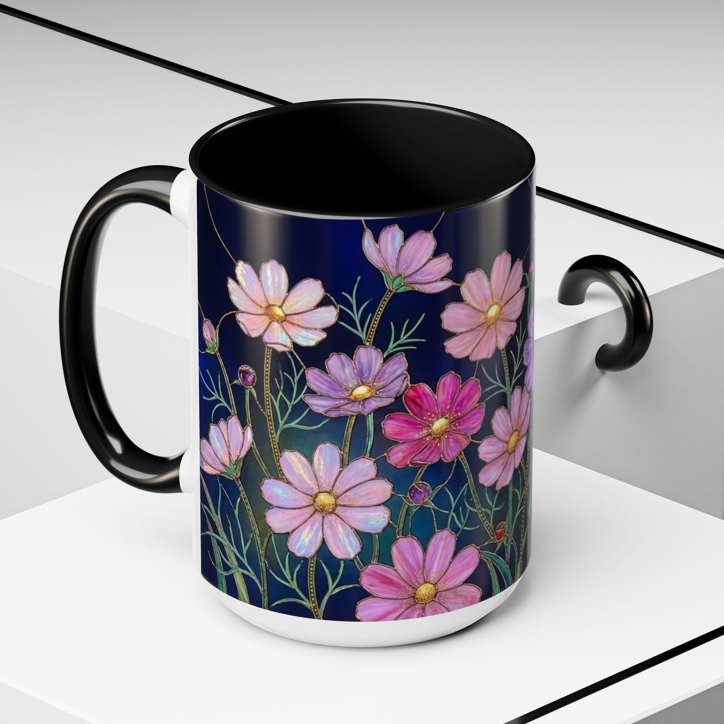Cosmos Floral Accent Coffee Mug — Stained Glass Design 11/15oz - 14561