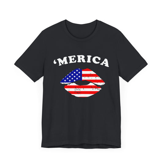 'Merica Unisex Jersey Tee, Patriotic Short Sleeve Shirt, USA Flag Design, Independence Day Apparel, Festival Wear, Summer Casual - 13519