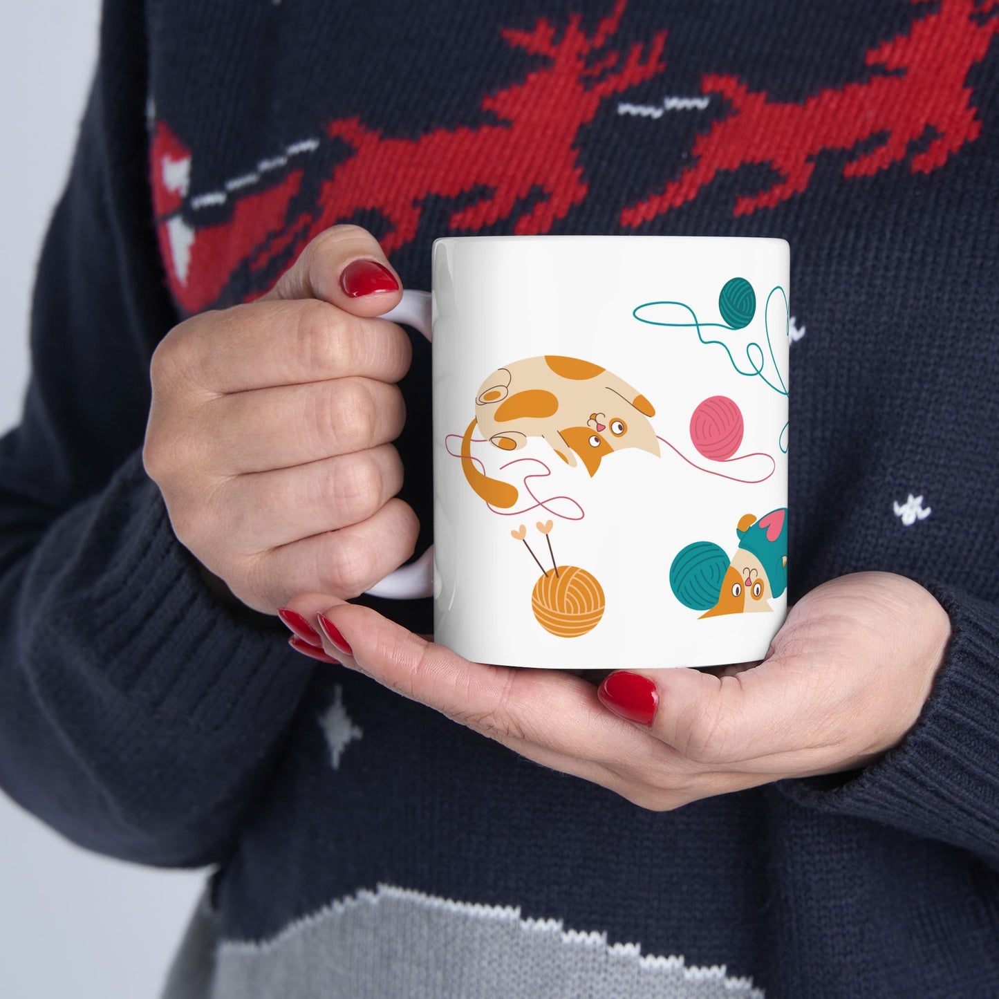 Cats Playing With Knitting Yarn - Ceramic Mug, (11oz, 15oz) - 11244