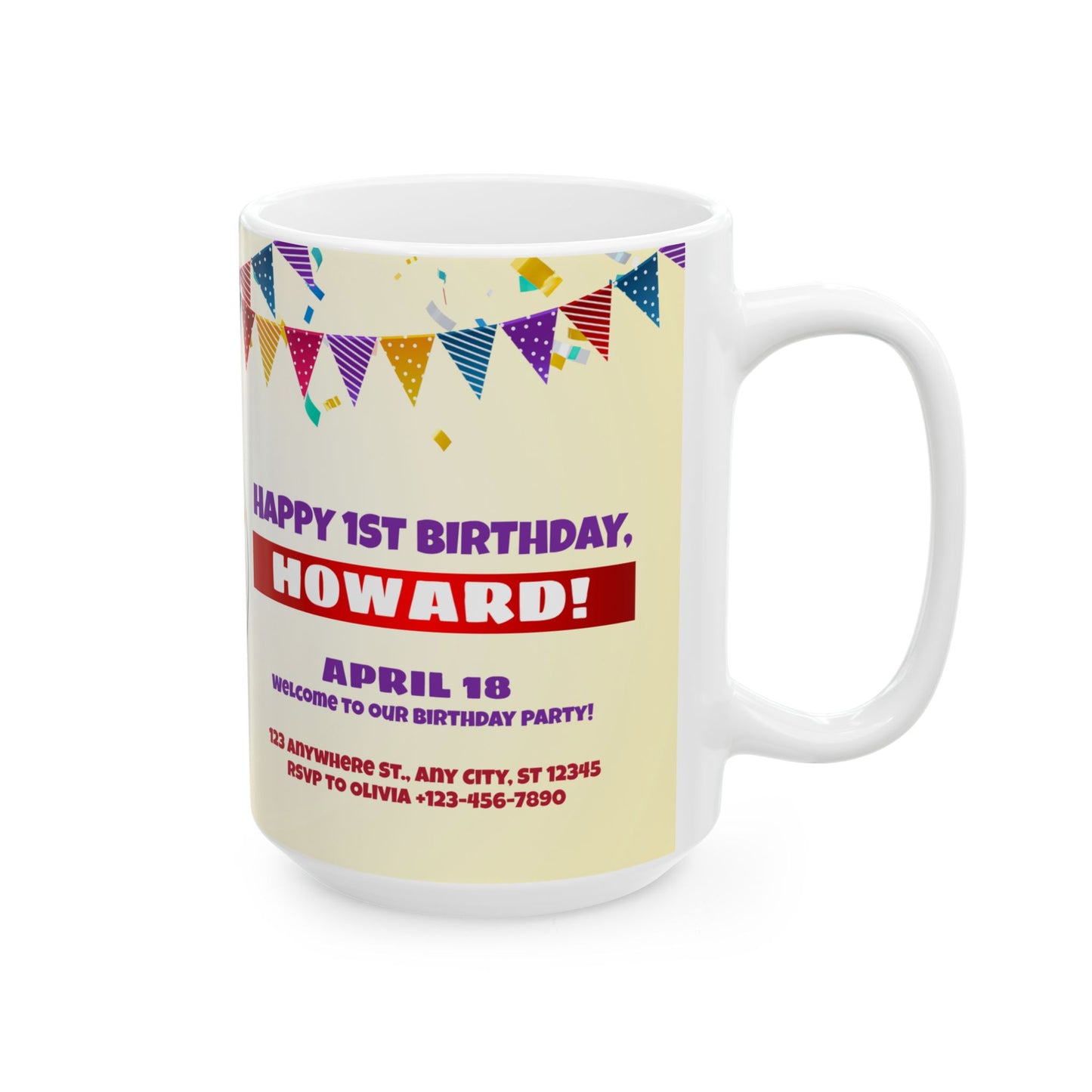 Personalized Birthday Ceramic Mug - Custom 1st Birthday Celebration Cup, Party Favor, Kid's Birthday Gift, Colorful Balloons, Fun Memories - 13997