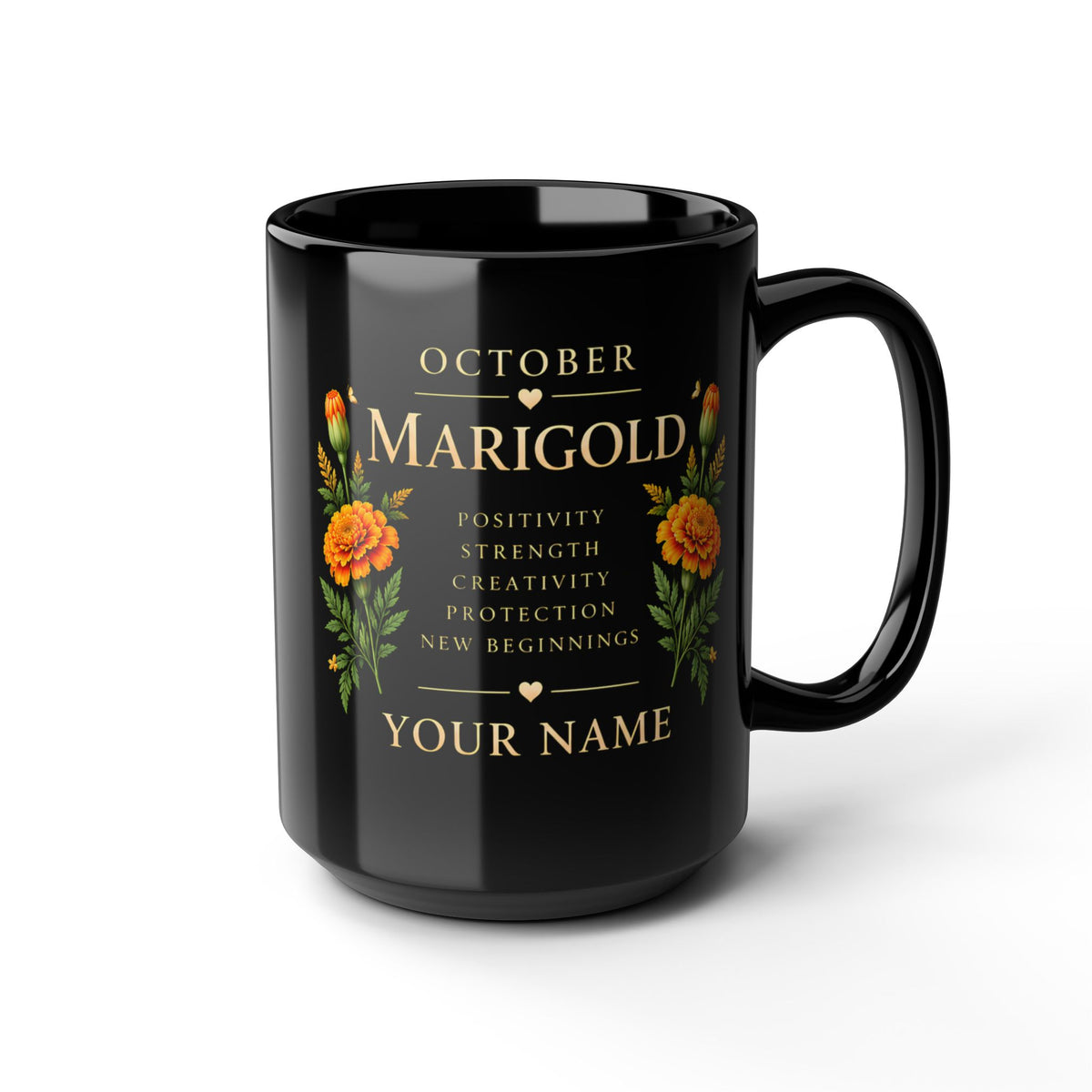 Personalized October Marigold Black Mug, Custom Name Birth Flower Coffee Cup - 14977
