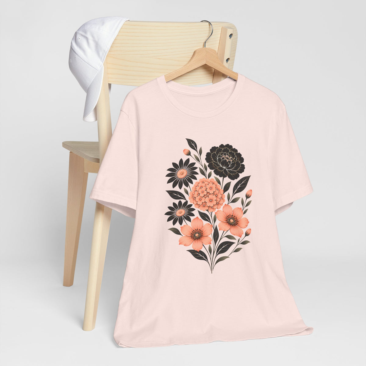 Floral Bouquet T-Shirt, Peach & Black Garden Flower Tee - 14502