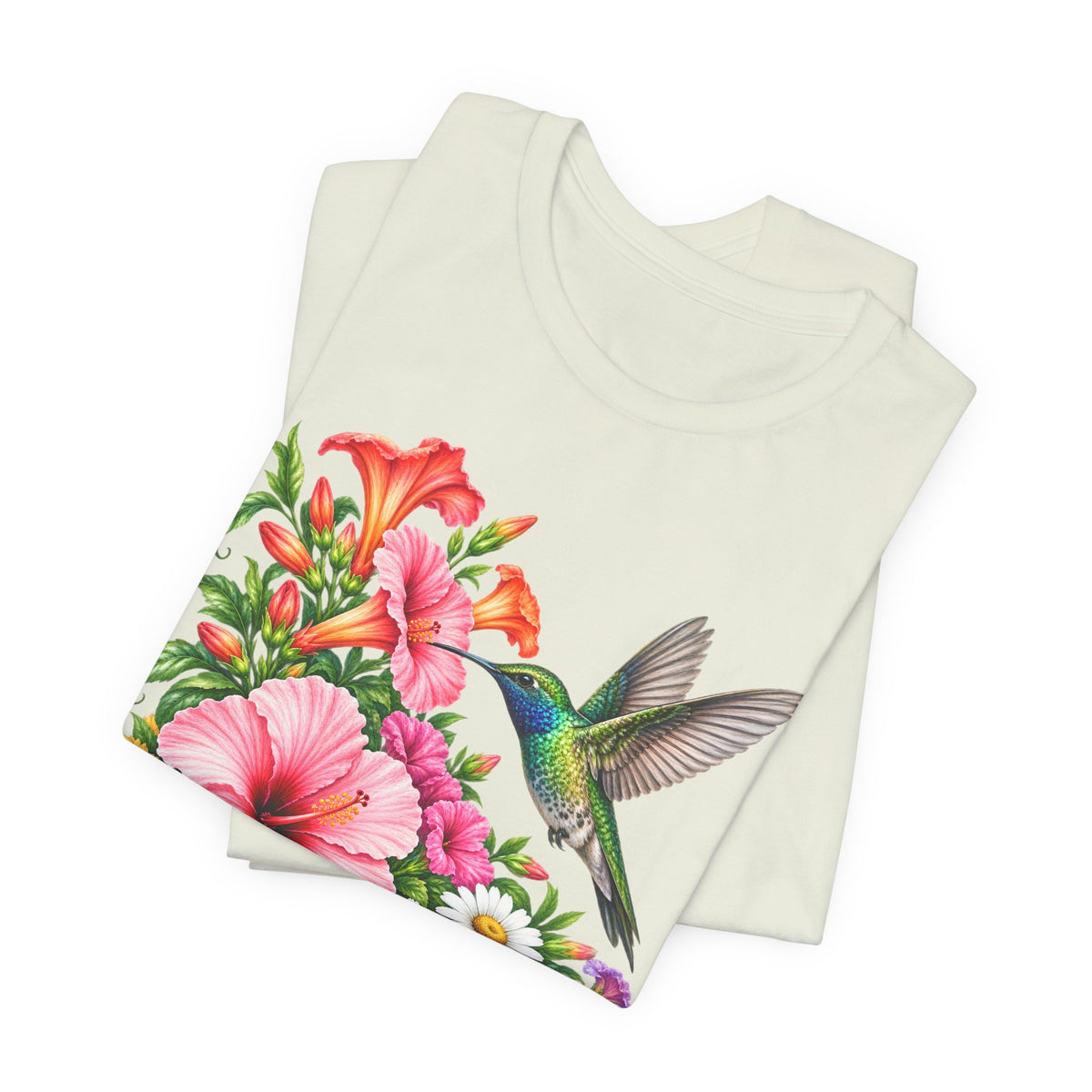 Hummingbird & Hibiscus T-Shirt, Colorful Tropical Floral Garden Tee - 14542