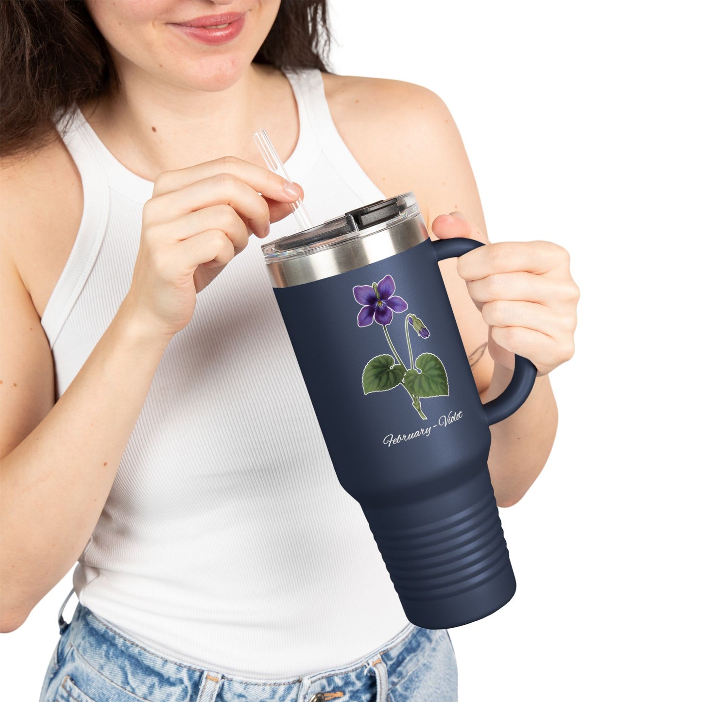 Violet (Single) Floral Tumbler – February Birth Flower Gift | 40oz Insulated Travel Mug, Customizable — 14698